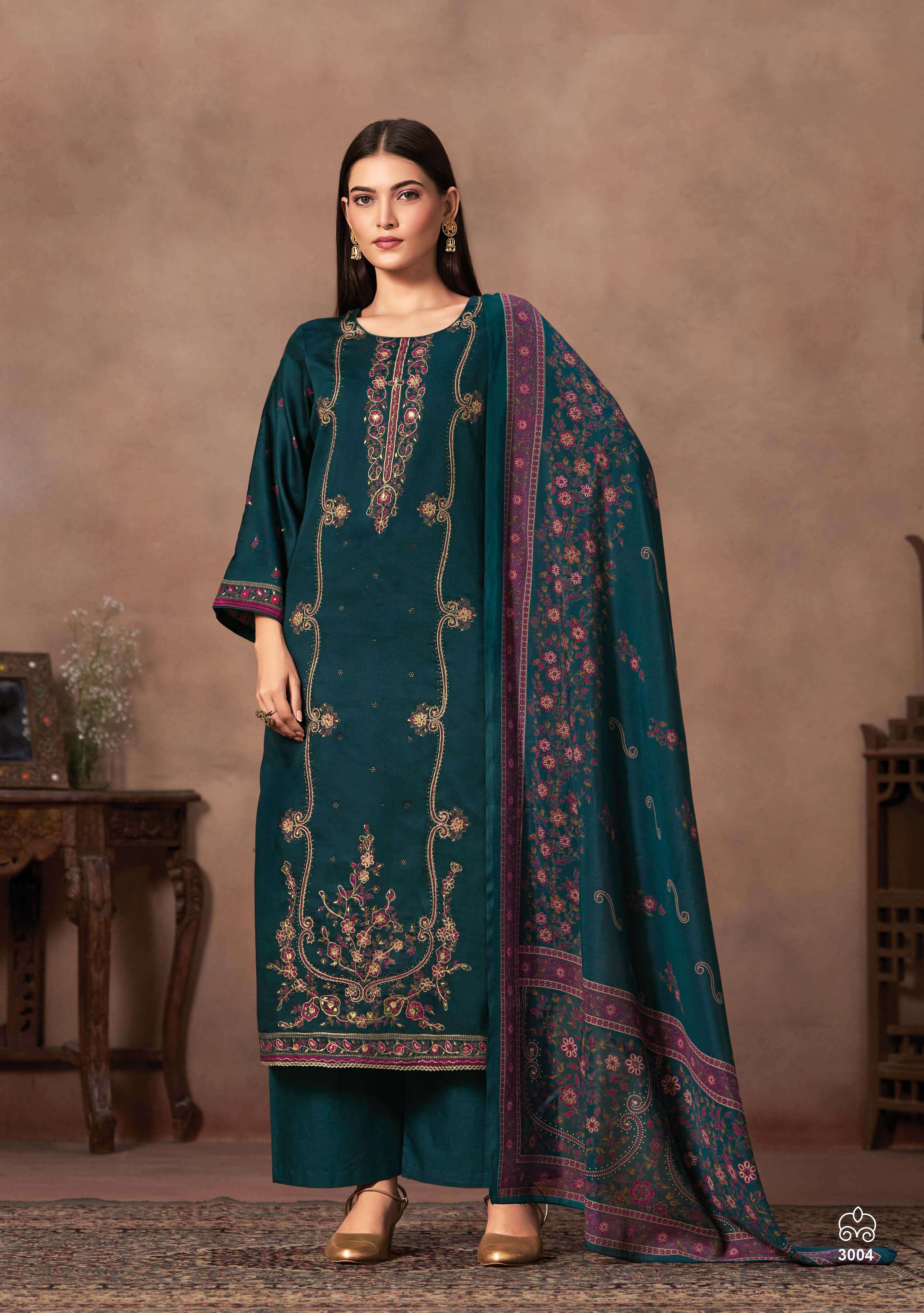 SURYAJYOTI KAMILA VOL 3 JAM SATIN PRINT WITH SWAROVSKI WORK SUIT