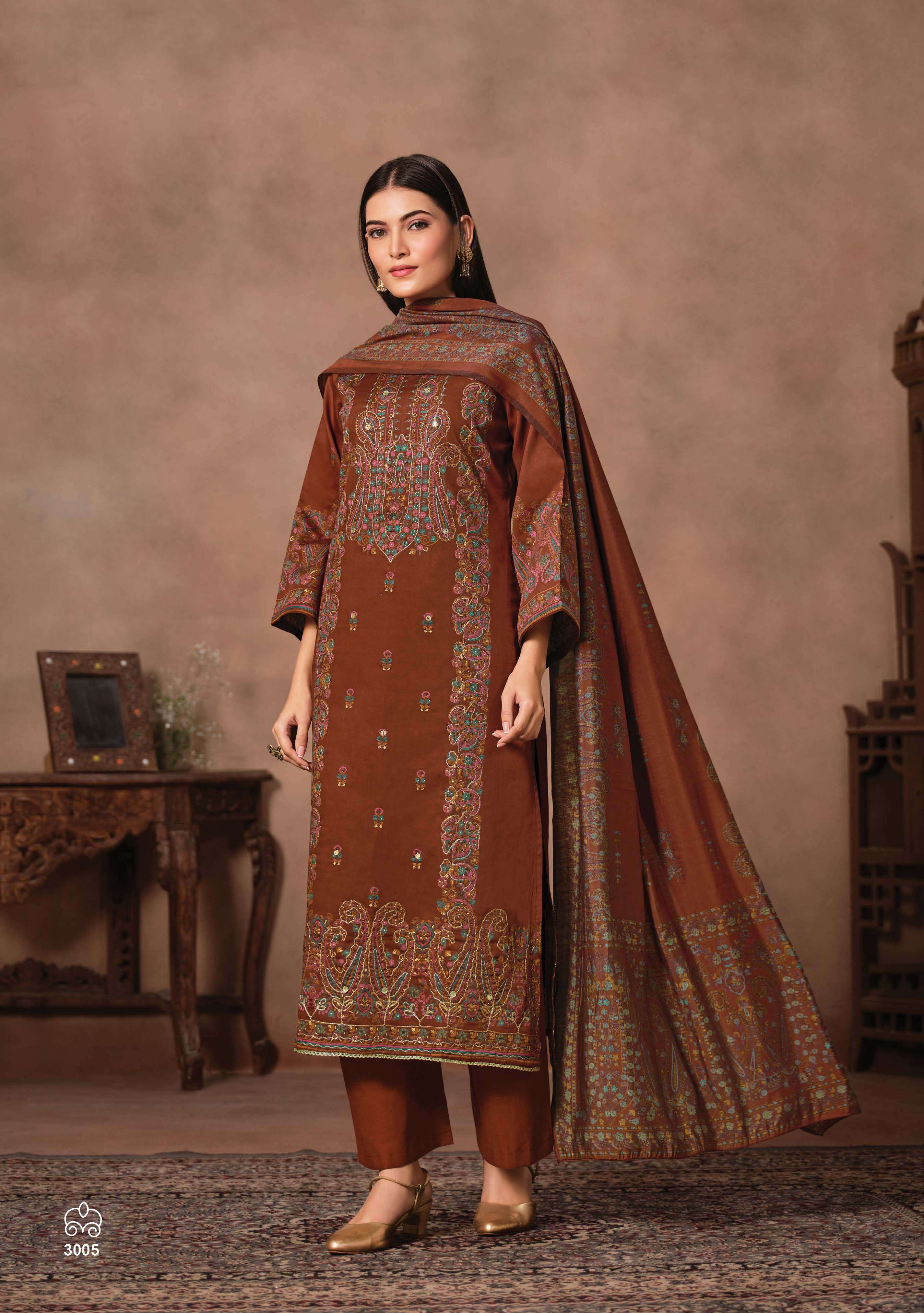 SURYAJYOTI KAMILA VOL 3 JAM SATIN PRINT WITH SWAROVSKI WORK SUIT