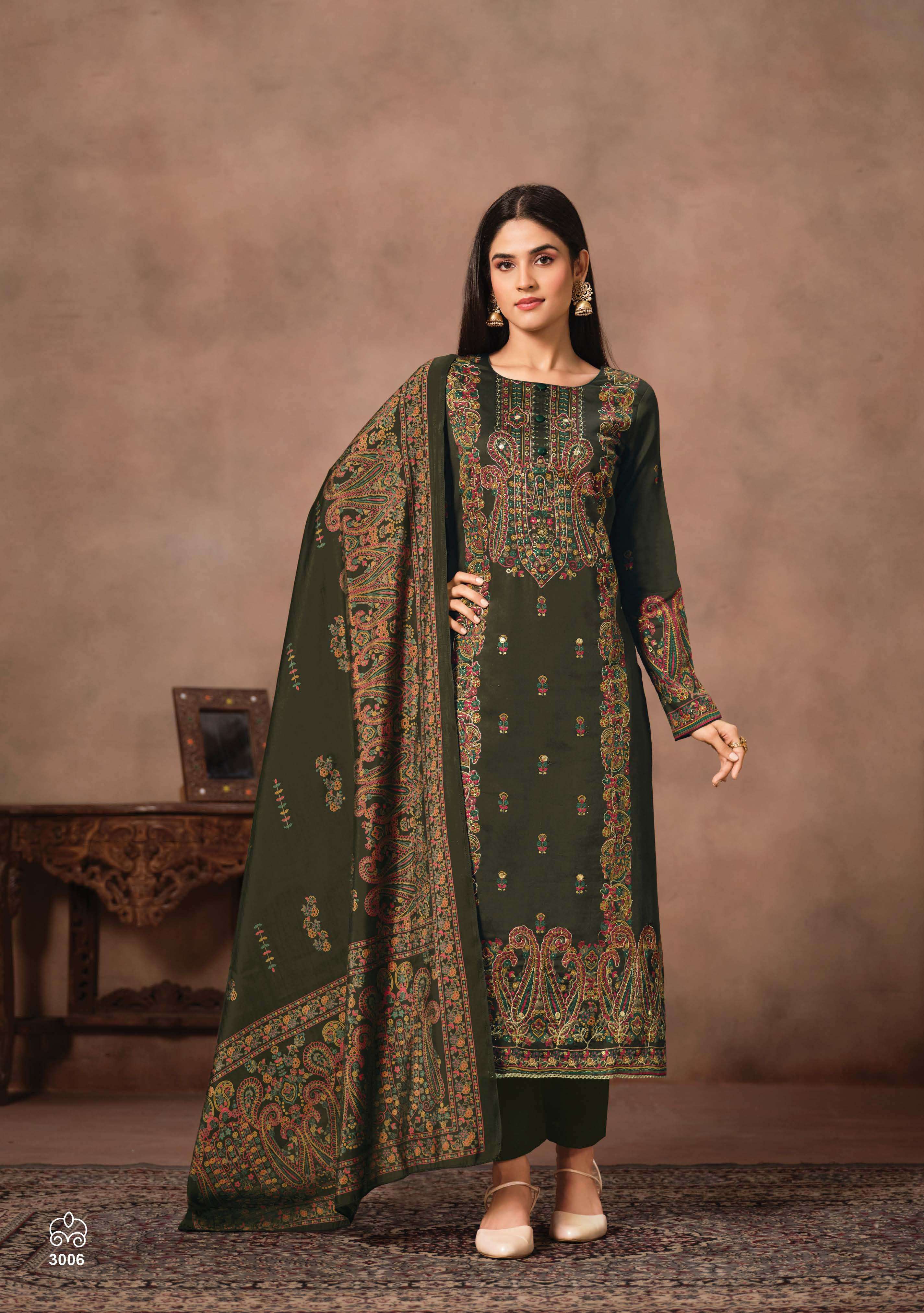 SURYAJYOTI KAMILA VOL 3 JAM SATIN PRINT WITH SWAROVSKI WORK SUIT