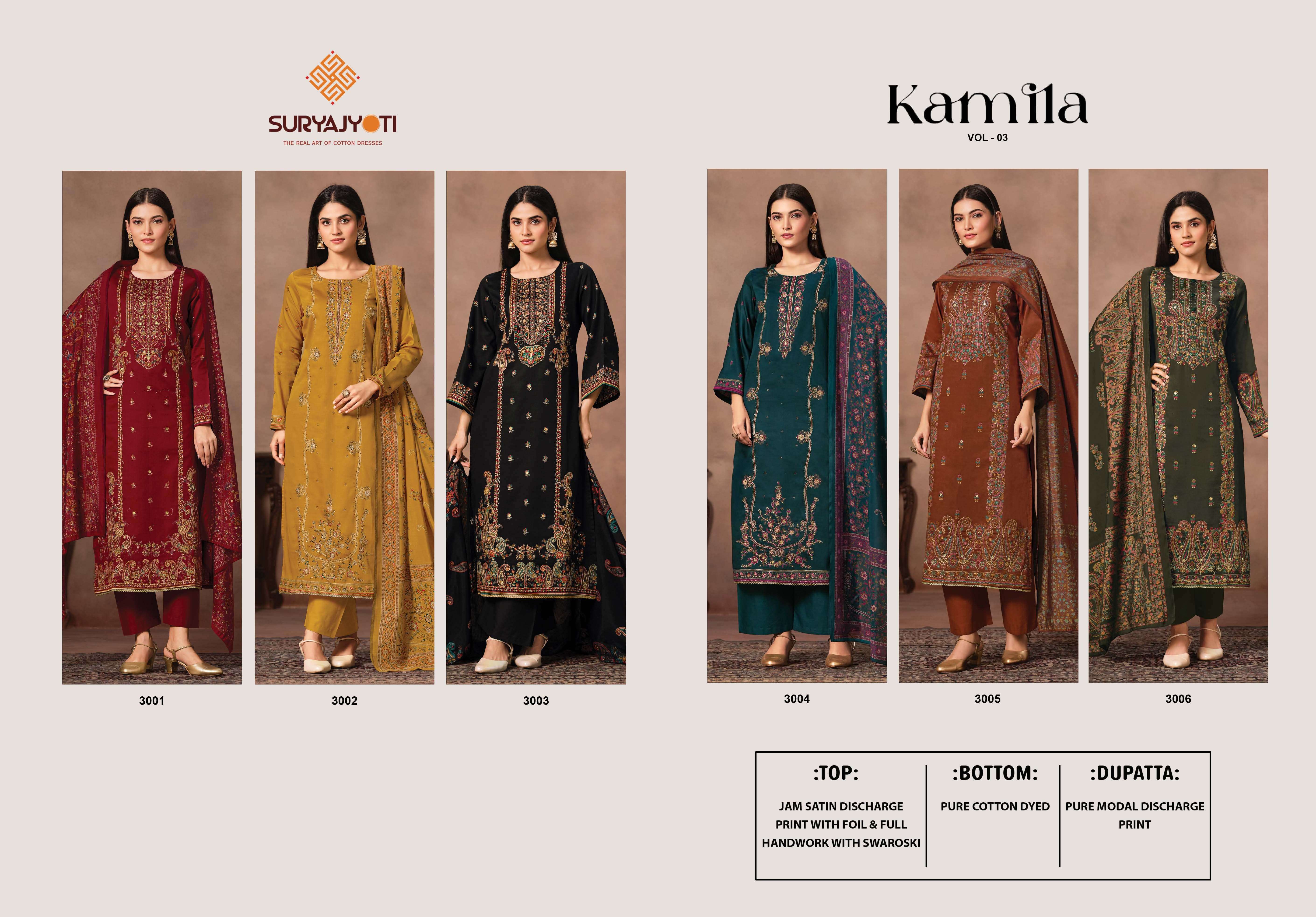 SURYAJYOTI KAMILA VOL 3 JAM SATIN PRINT WITH SWAROVSKI WORK SUIT