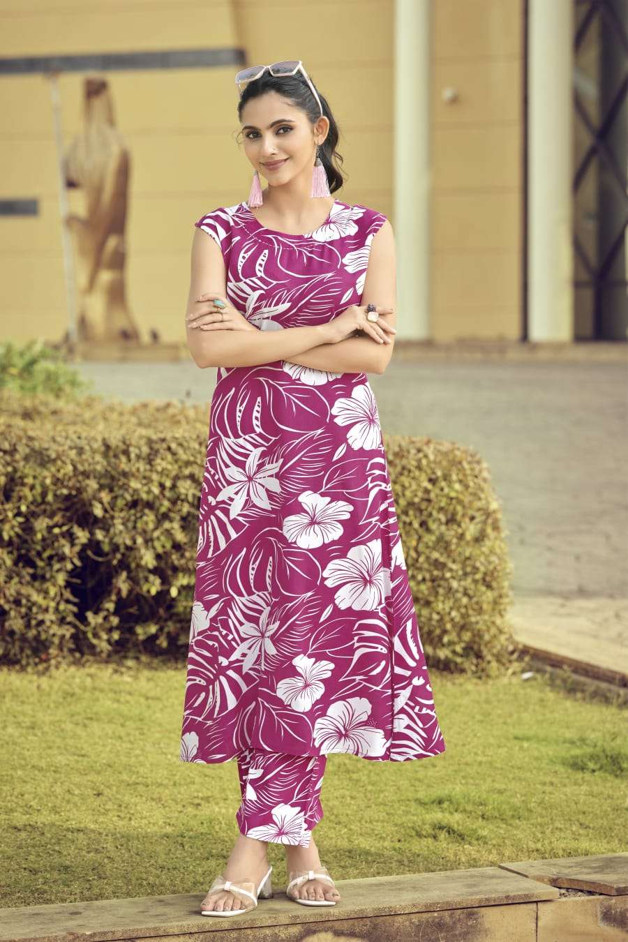 TIPS AND TOPS OLIVIA VOL 4 RAYON PRINT FLAIRED KURTI WITH BOTTOM PAIR 