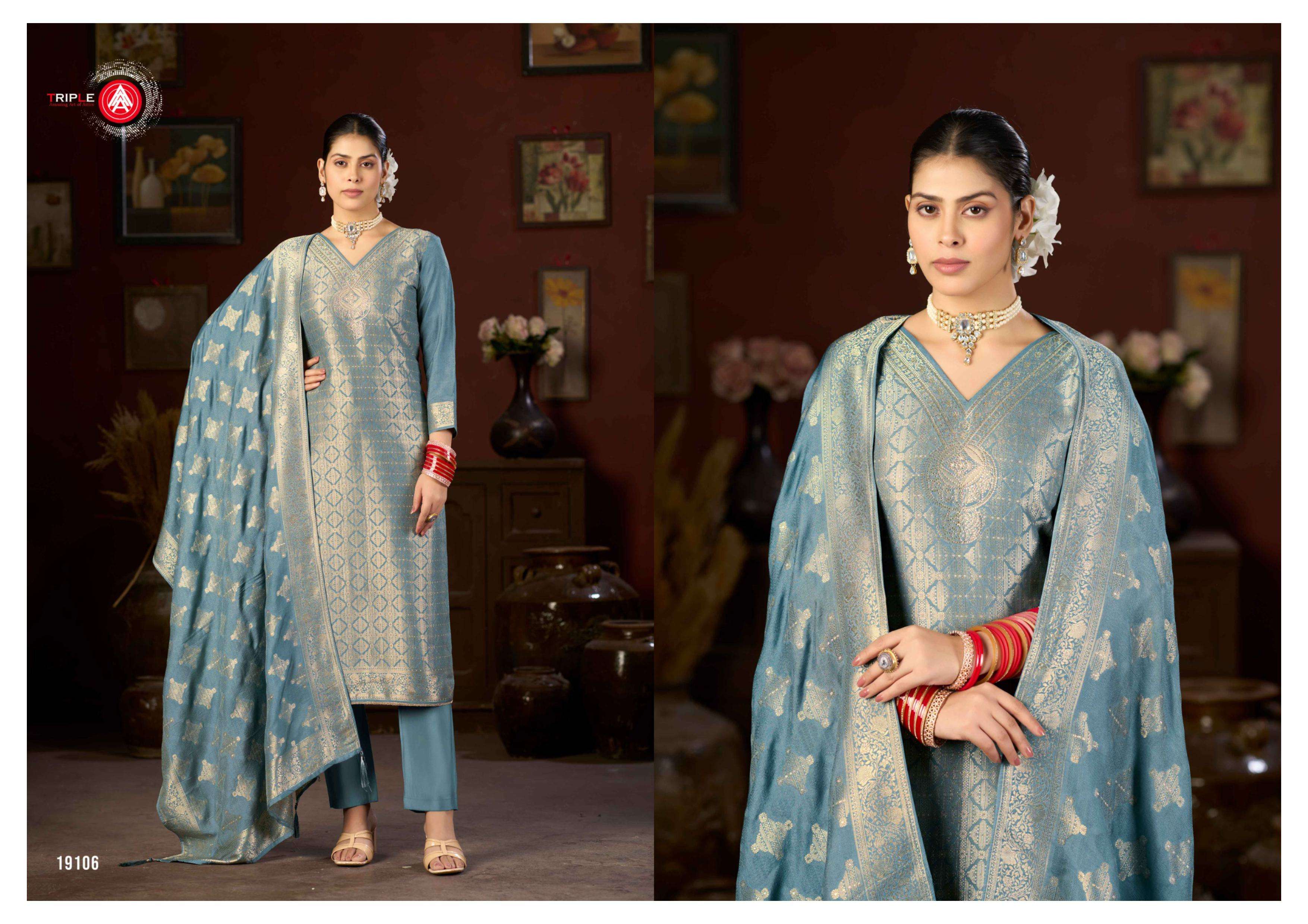 TRIPLE HANSHIKA VOL 5 LIGHT COLOUR EDITION MUSLIN JACQUARD WORK SUIT