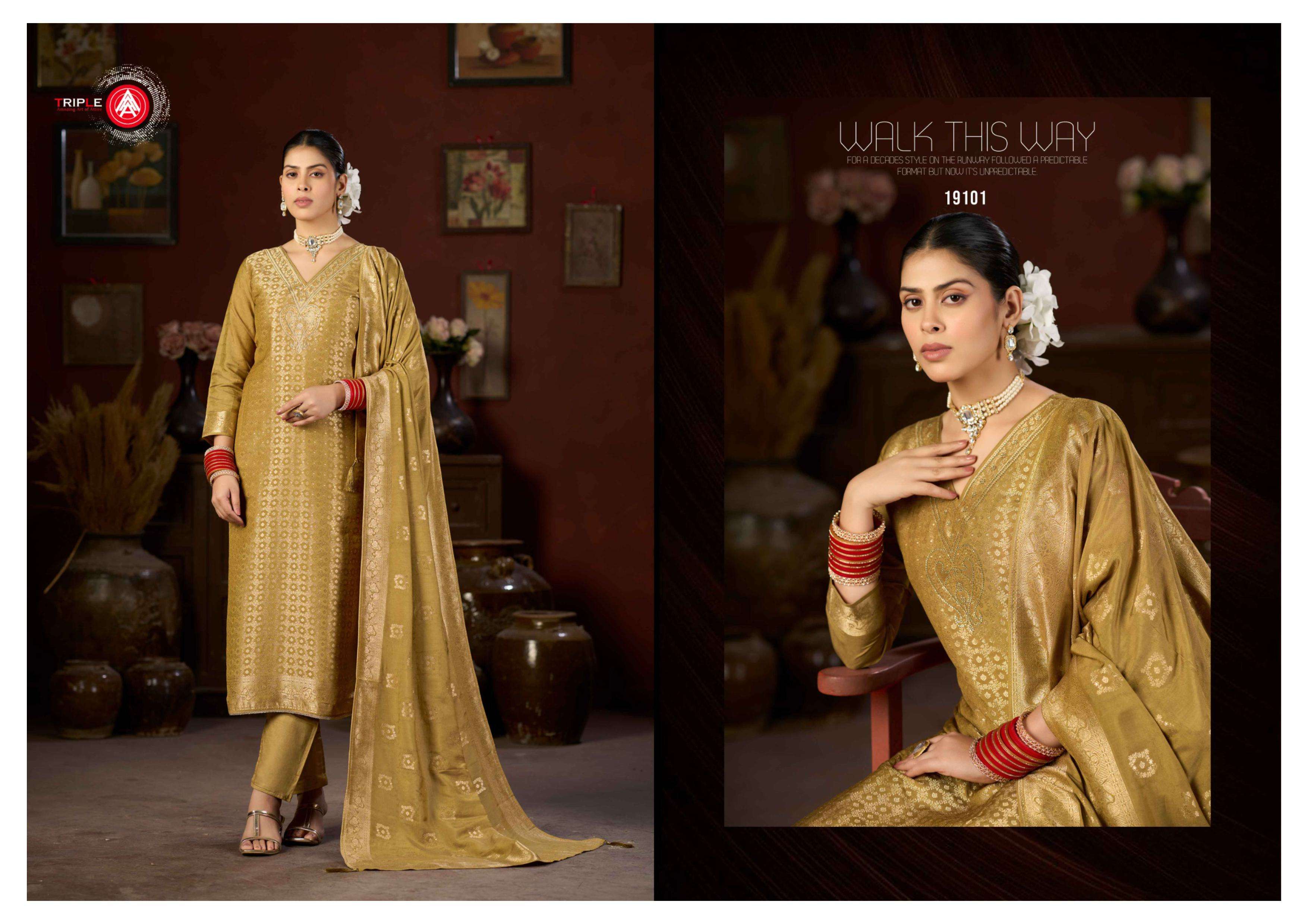 TRIPLE HANSHIKA VOL 5 LIGHT COLOUR EDITION MUSLIN JACQUARD WORK SUIT