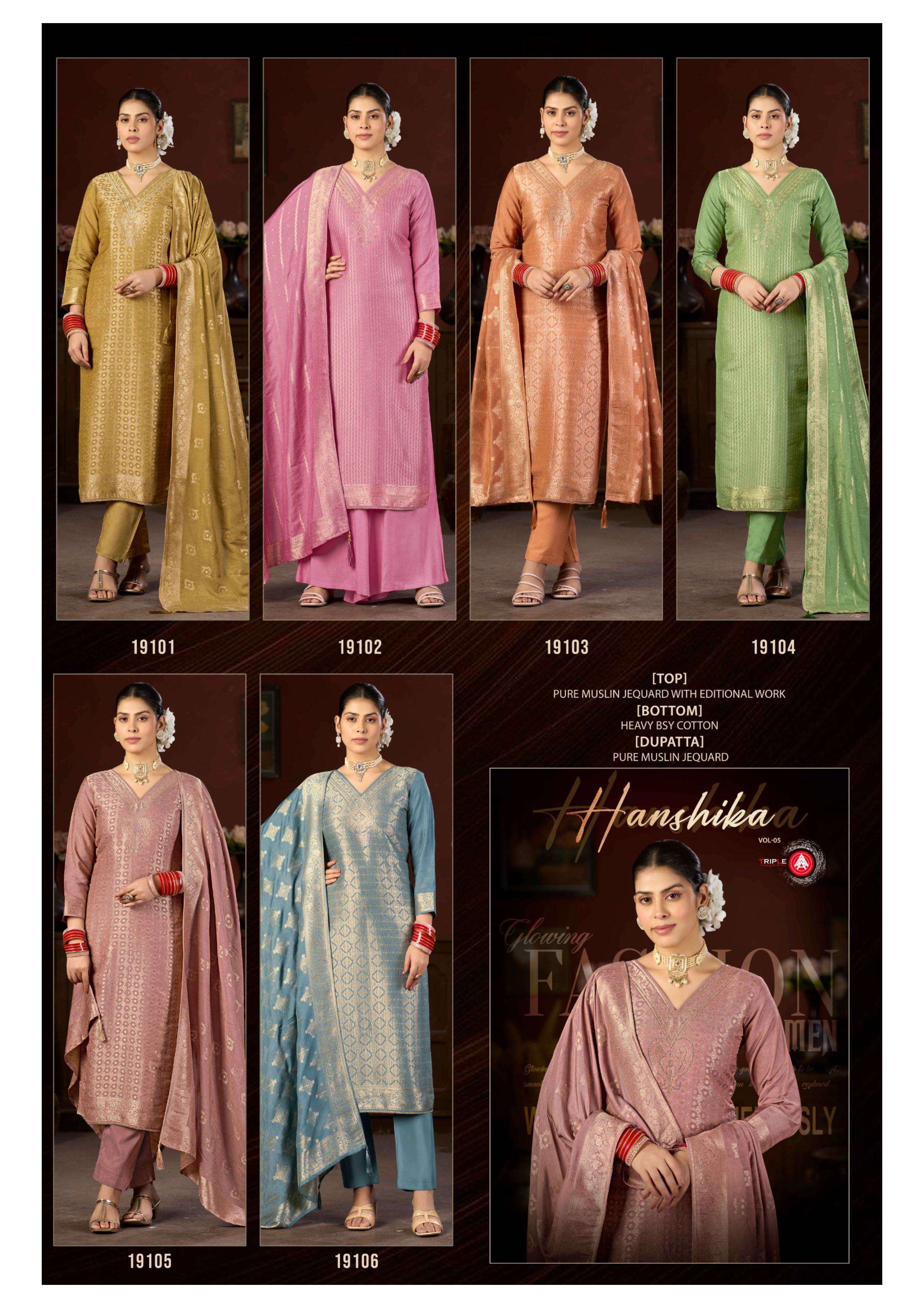 TRIPLE HANSHIKA VOL 5 LIGHT COLOUR EDITION MUSLIN JACQUARD WORK SUIT
