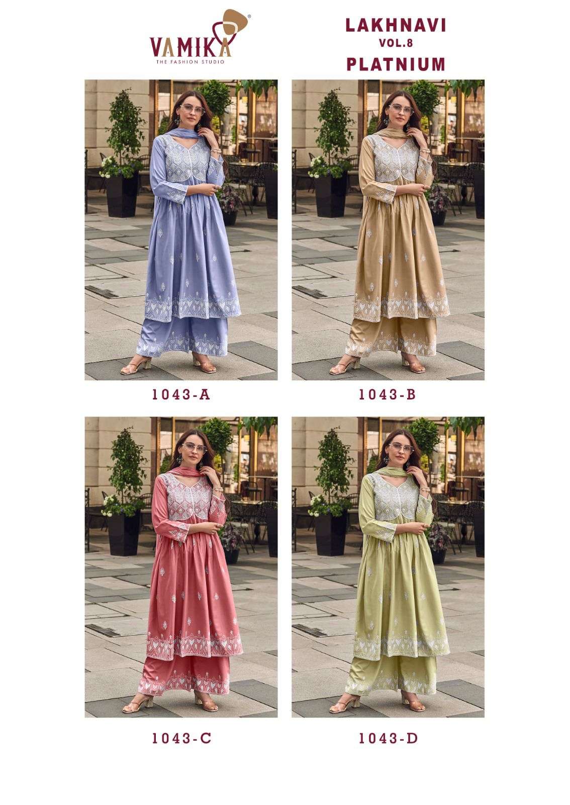 VAMIKA LAKHNAVI VOL 8 PLATINUM RAYON FANCY LUCKNOWI WORKS LADIES 3PCS SET COLLECTION 