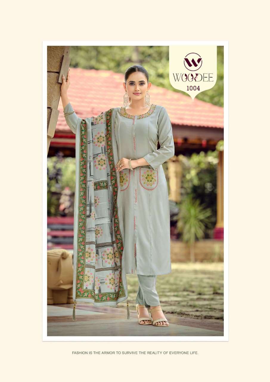 WOODEE PARI RAYON FANCY WORKS LADIES KURTI PANT WITH DUPATTA SET 