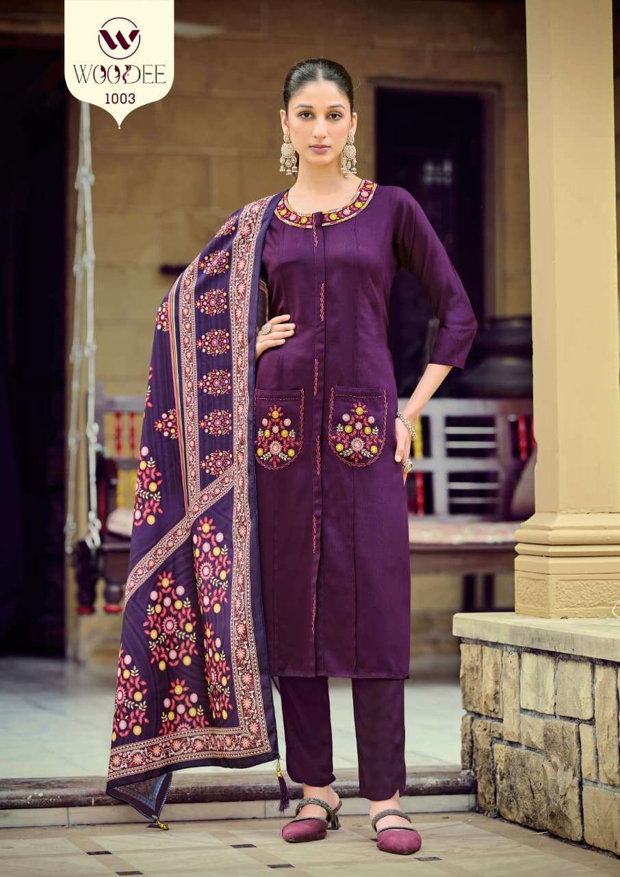 WOODEE PARI RAYON FANCY WORKS LADIES KURTI PANT WITH DUPATTA SET 