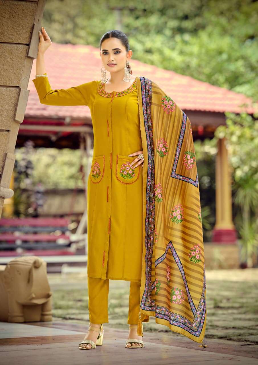 WOODEE PARI RAYON FANCY WORKS LADIES KURTI PANT WITH DUPATTA SET 