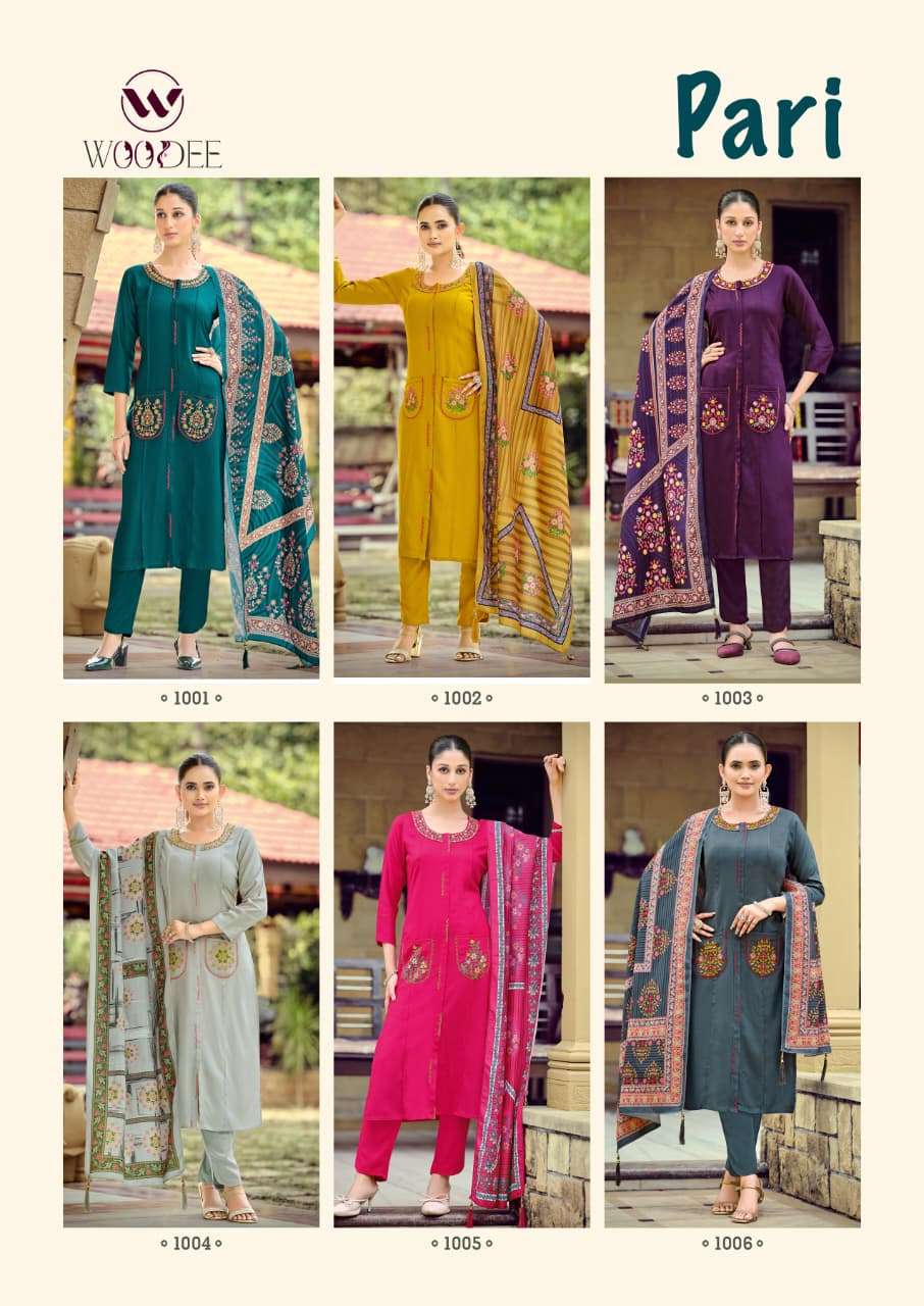 WOODEE PARI RAYON FANCY WORKS LADIES KURTI PANT WITH DUPATTA SET 