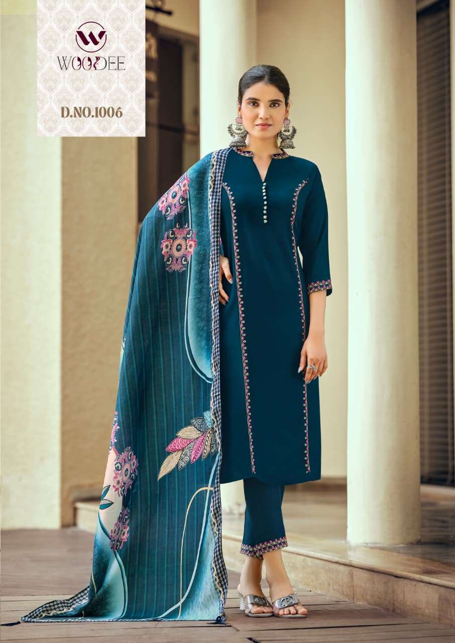 WOODEE PRACHI RAYON FANCY EMBROIDERY WORK LADIES 3PCS SET COLLECTION 