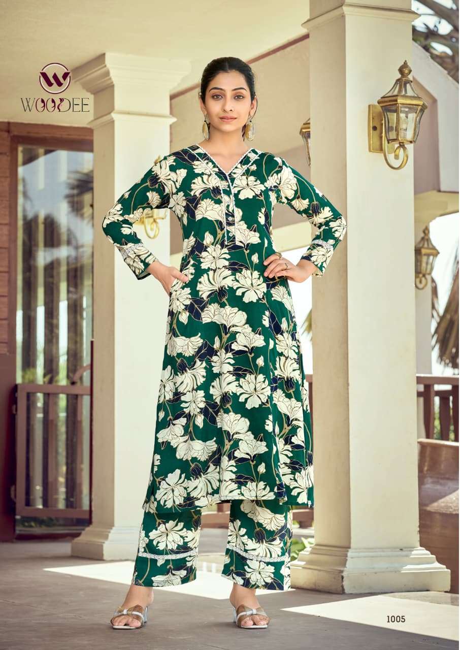 WOODEE SHAKIRA VOL 3 RAYON FANCY A LINE PATTERN KURTI WITH PANT SET