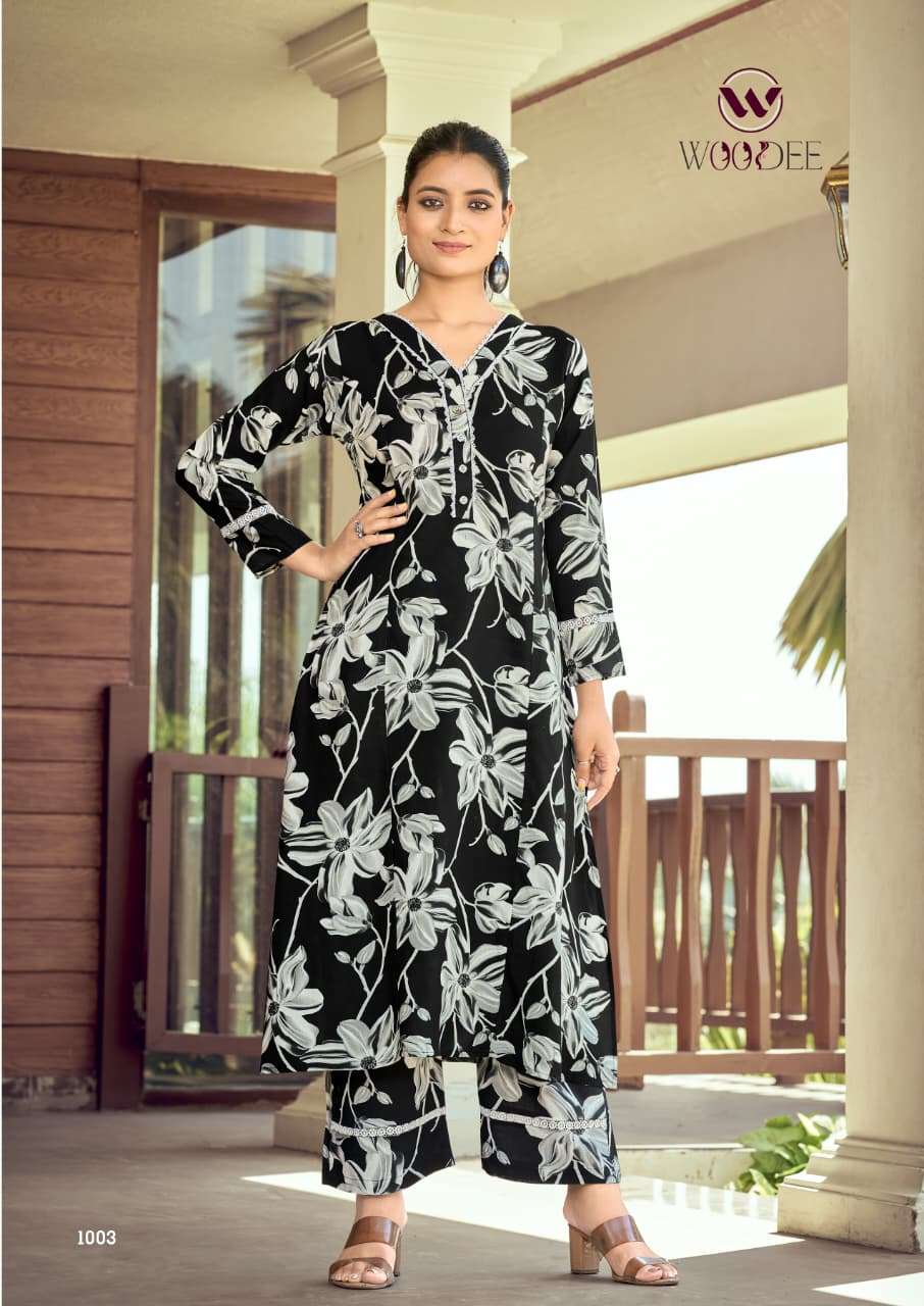 WOODEE SHAKIRA VOL 3 RAYON FANCY A LINE PATTERN KURTI WITH PANT SET