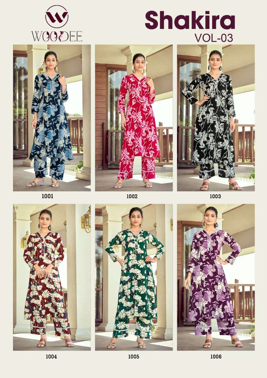 WOODEE SHAKIRA VOL 3 RAYON FANCY A LINE PATTERN KURTI WITH PANT SET
