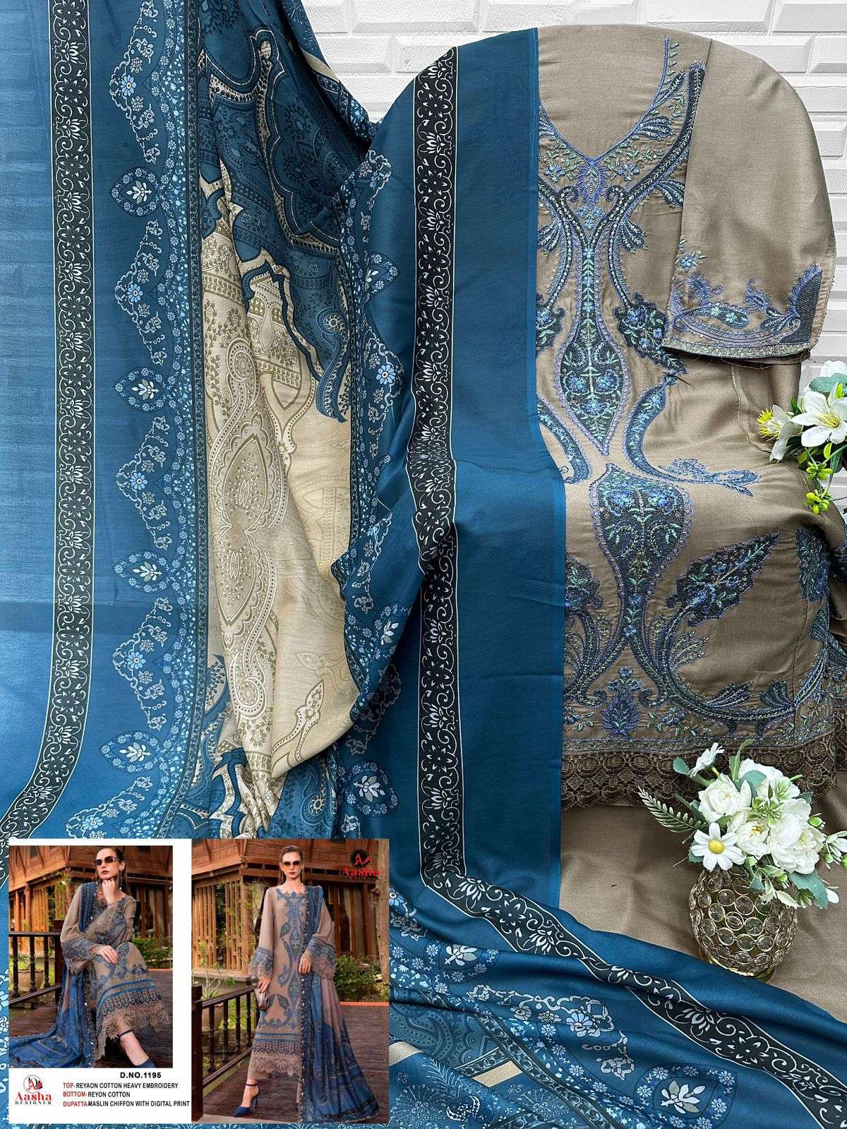 AASHA DESIGNER D NO 1195 AB & 2000 RAYON COTTON WITH EMBROIDERY WORK SALWAR KAMEEZ 