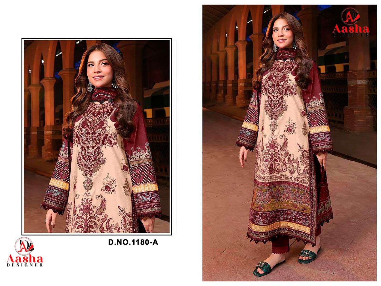 AASHA DESIGNER DESIGN NO - 1180 PURE COTTON PRINT HEAVY EMBROIDERED PATCH PAKISTANI SALWAR SUIT