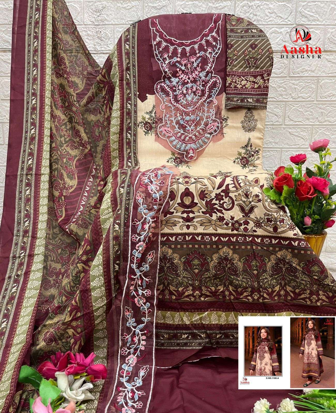 AASHA DESIGNER DESIGN NO - 1180 PURE COTTON PRINT HEAVY EMBROIDERED PATCH PAKISTANI SALWAR SUIT