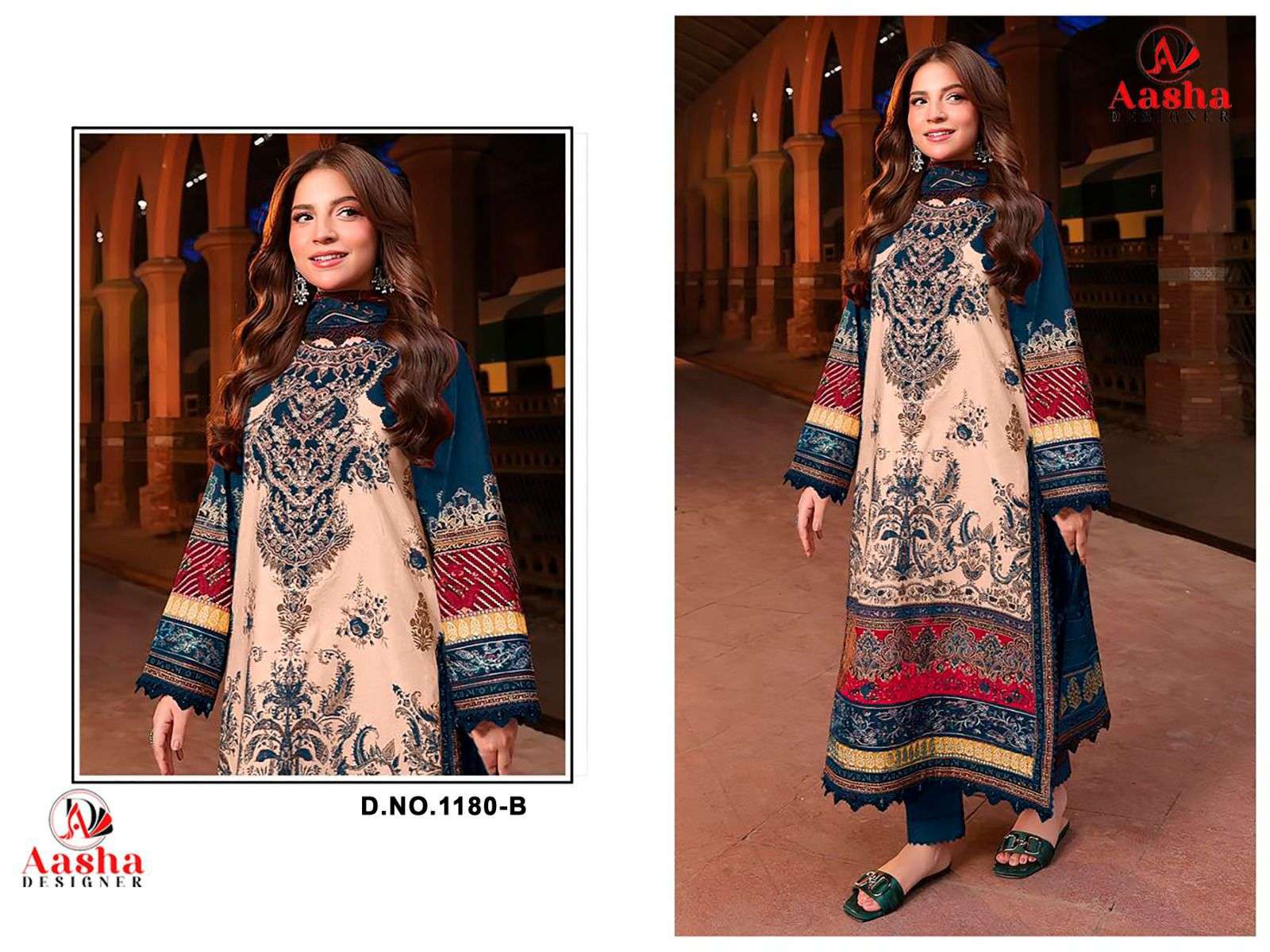 AASHA DESIGNER DESIGN NO - 1180 PURE COTTON PRINT HEAVY EMBROIDERED PATCH PAKISTANI SALWAR SUIT