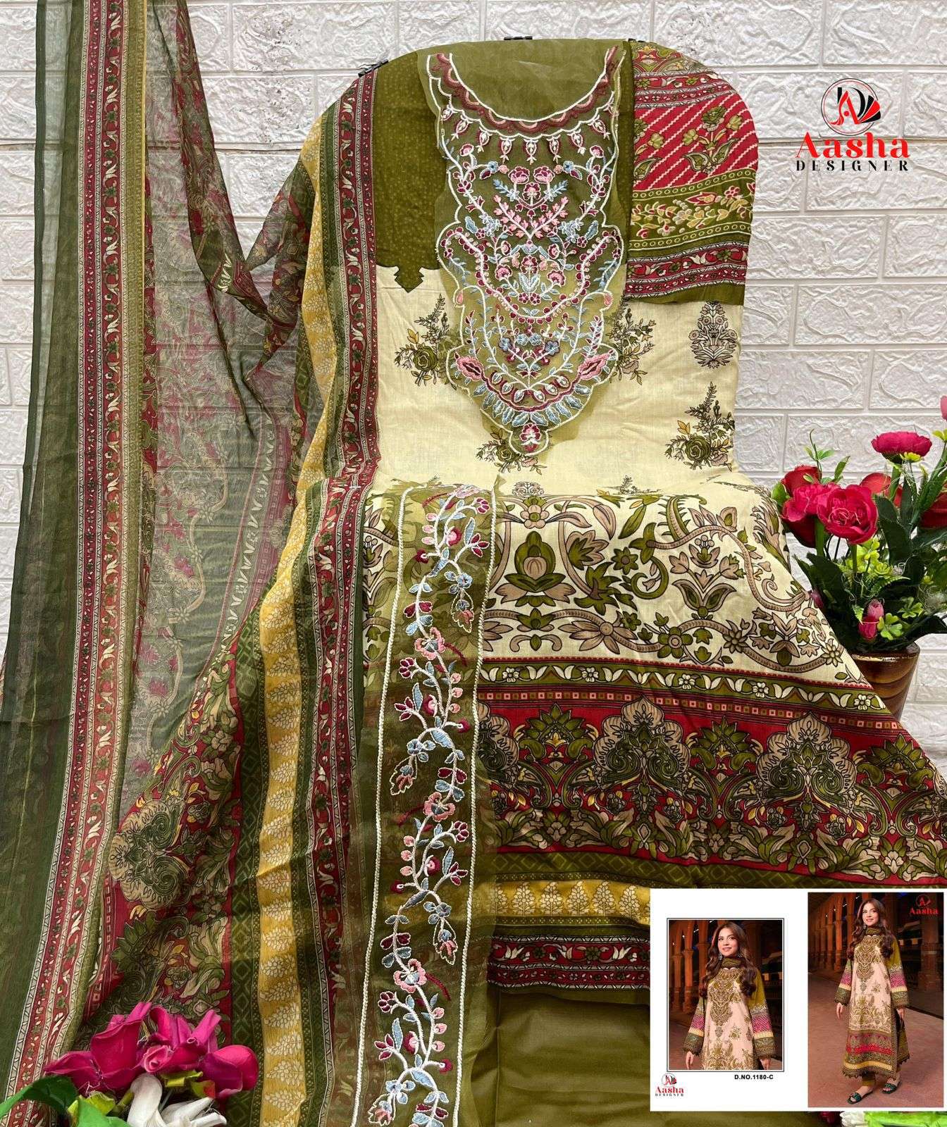 AASHA DESIGNER DESIGN NO - 1180 PURE COTTON PRINT HEAVY EMBROIDERED PATCH PAKISTANI SALWAR SUIT