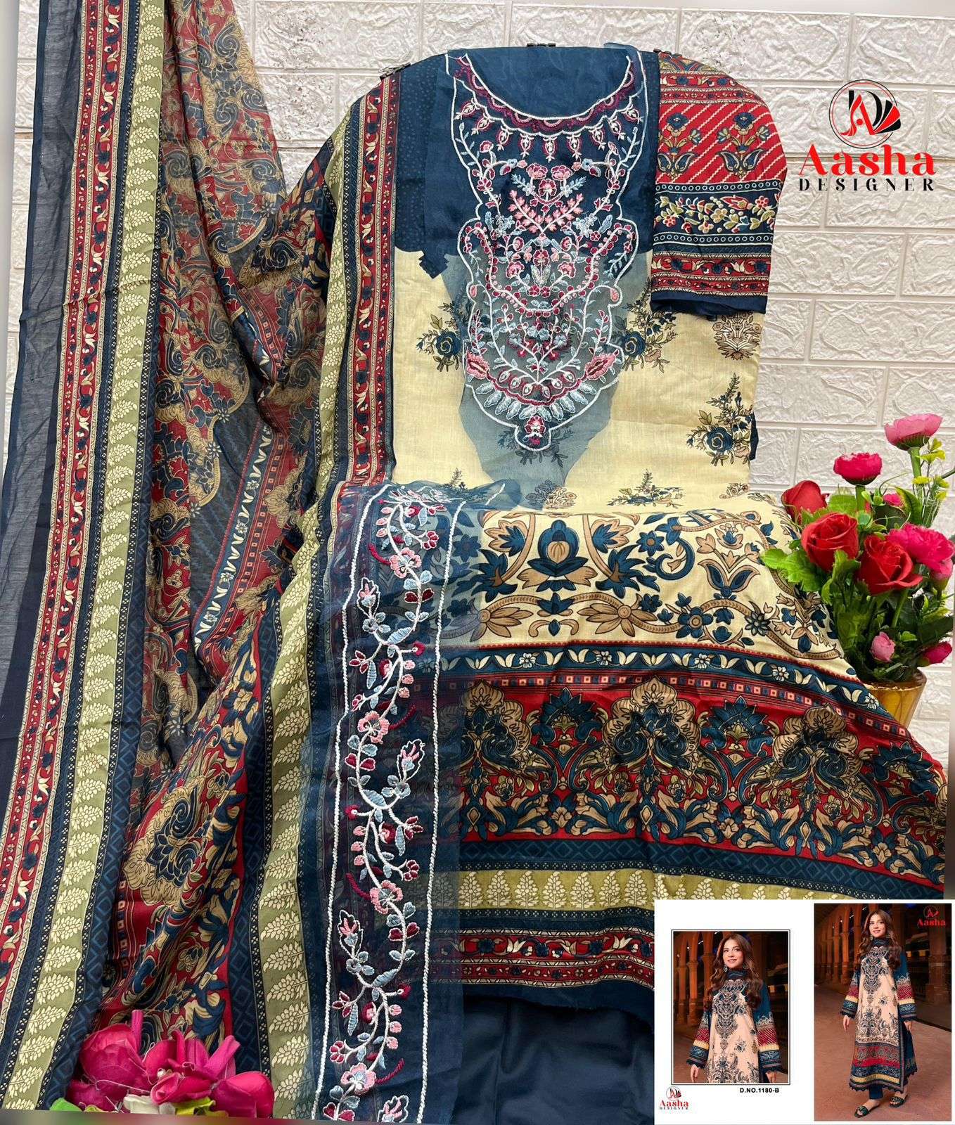 AASHA DESIGNER DESIGN NO - 1180 PURE COTTON PRINT HEAVY EMBROIDERED PATCH PAKISTANI SALWAR SUIT