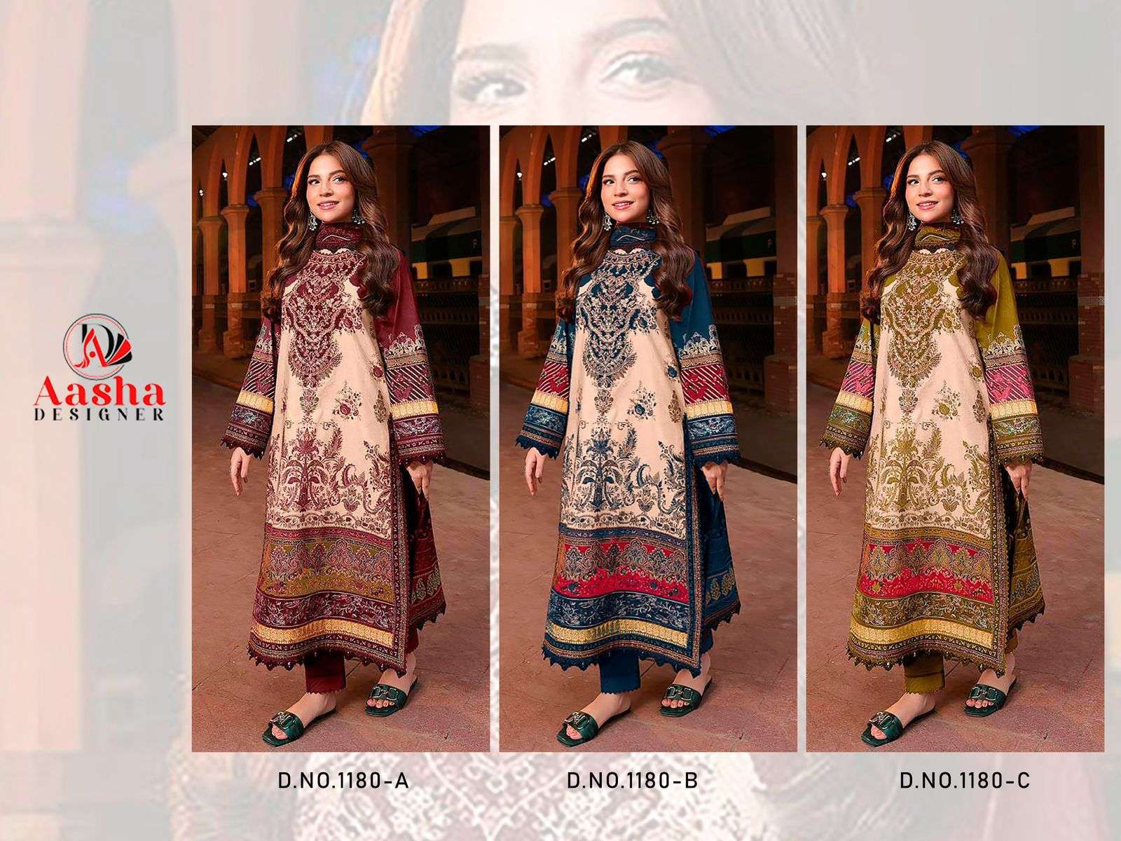 AASHA DESIGNER DESIGN NO - 1180 PURE COTTON PRINT HEAVY EMBROIDERED PATCH PAKISTANI SALWAR SUIT