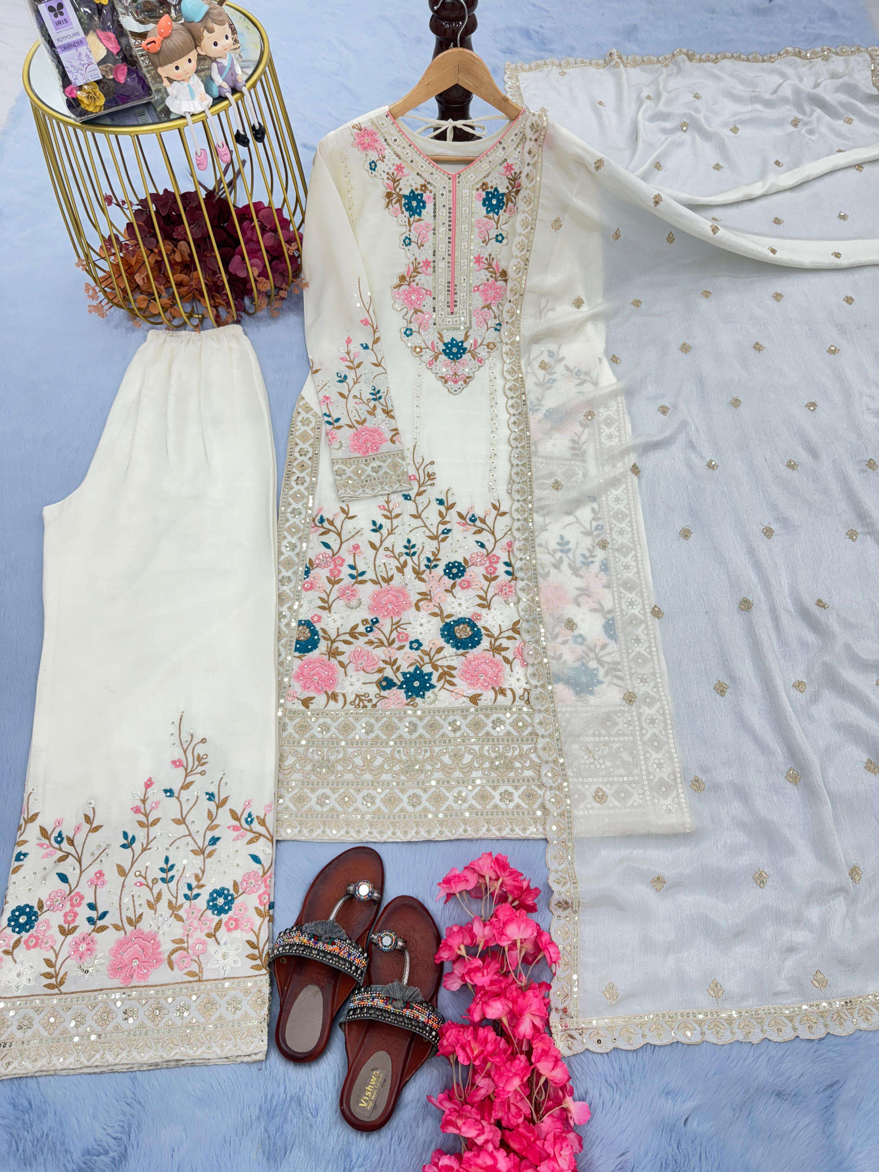 AD 140 SILK HEAVY EMBROIDERD DESIGNER TOP PLAZZO AND DUPATTA SET 