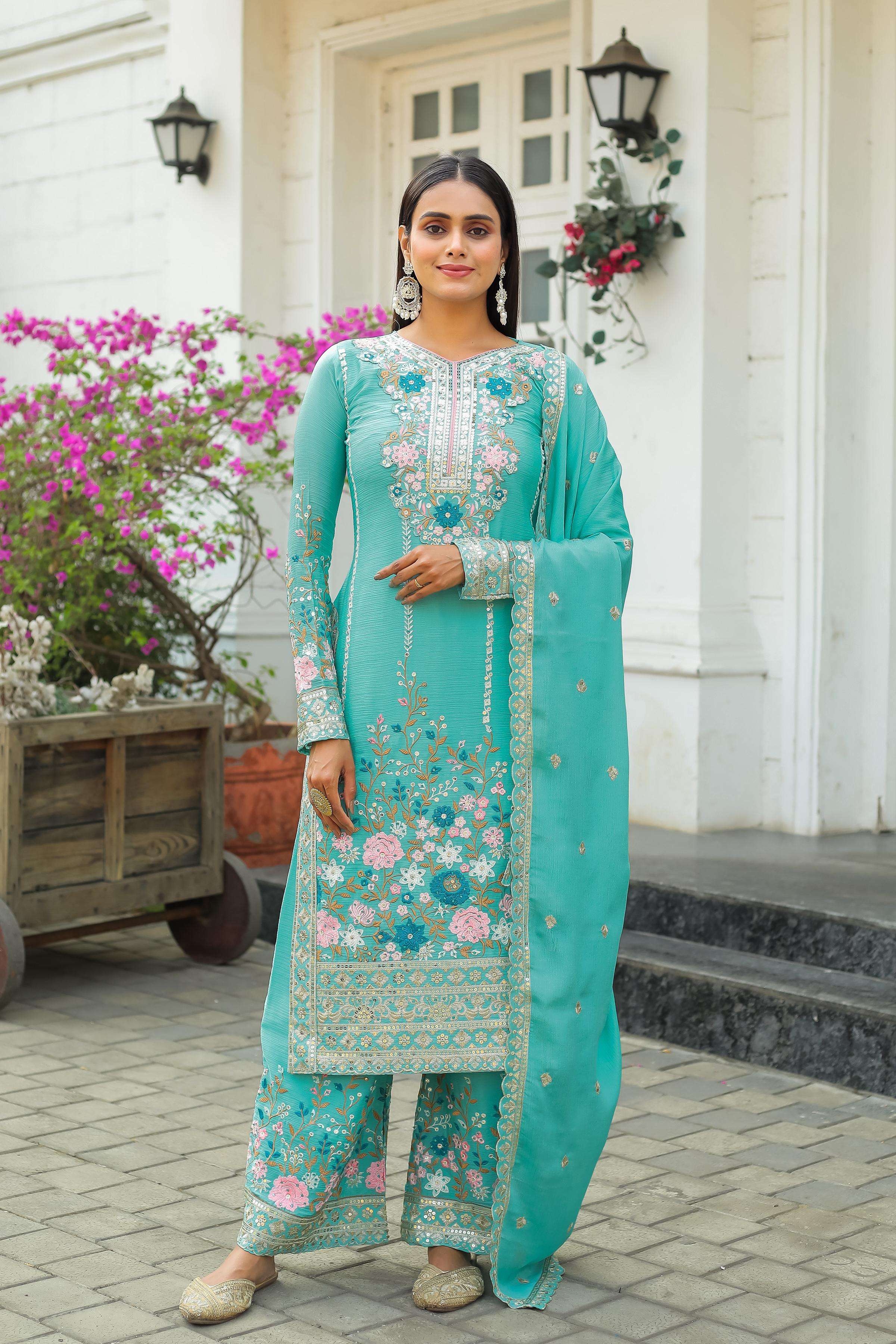 AD 140 SILK HEAVY EMBROIDERD DESIGNER TOP PLAZZO AND DUPATTA SET 