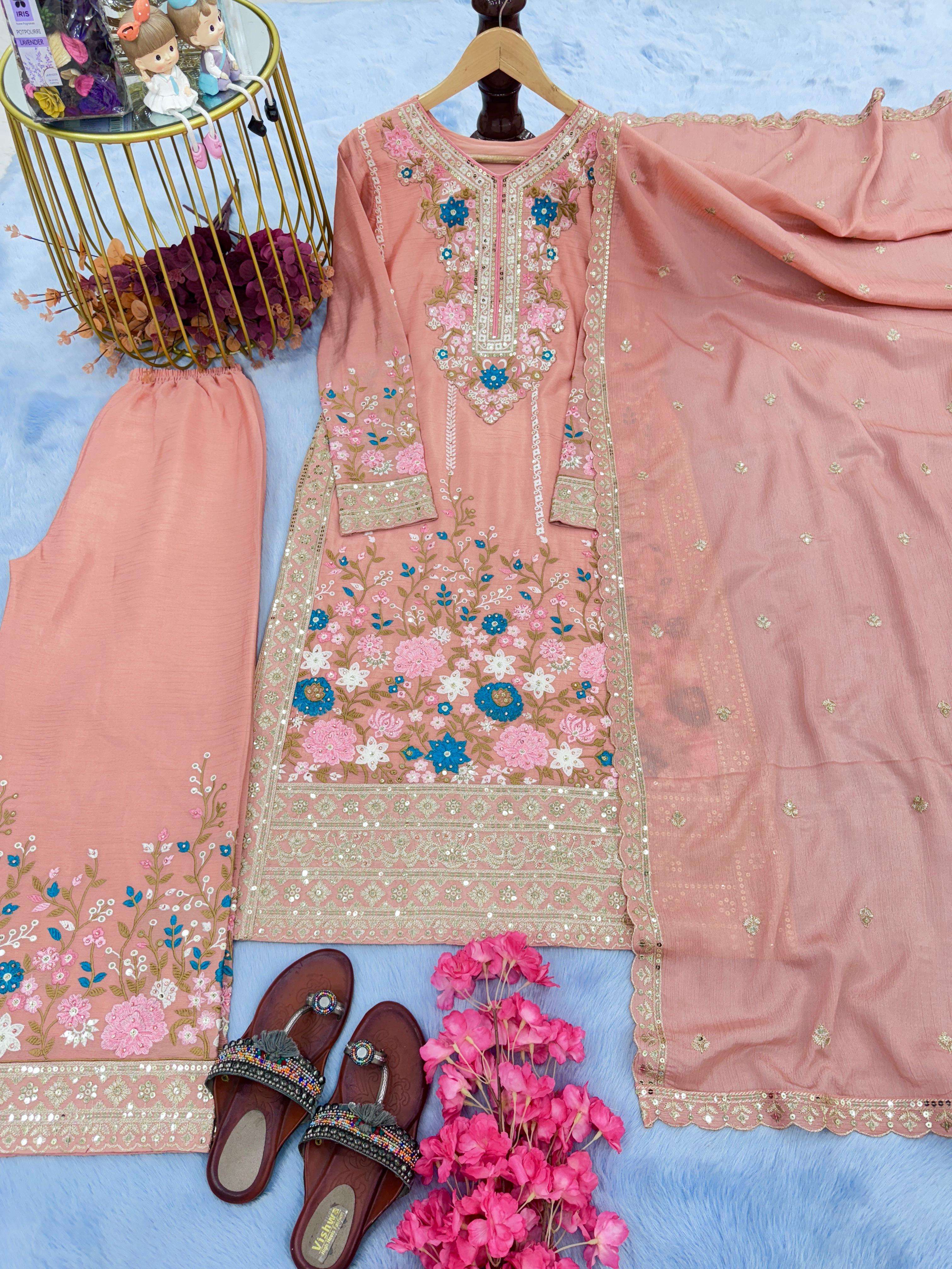 AD 140 SILK HEAVY EMBROIDERD DESIGNER TOP PLAZZO AND DUPATTA SET 