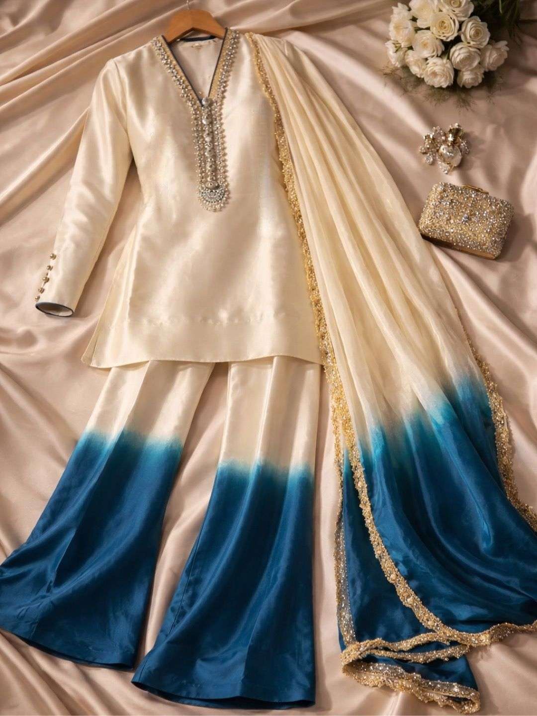 AD 228 SHADED FABRIC PREETY PARTY WEAR LOOK DESIGNER LADIES TOP PLAZZO AND DUPATTA SET 