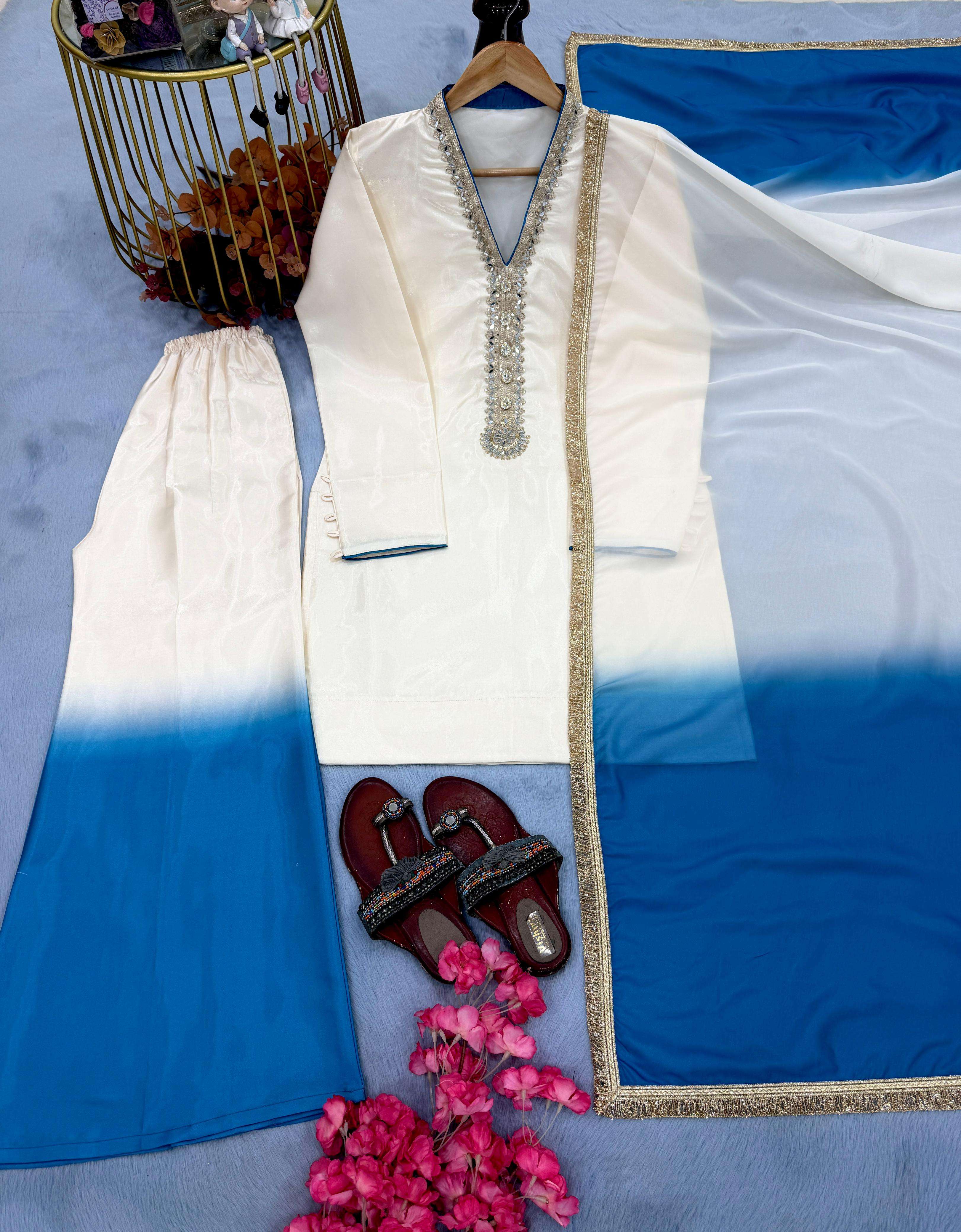 AD 228 SHADED FABRIC PREETY PARTY WEAR LOOK DESIGNER LADIES TOP PLAZZO AND DUPATTA SET 