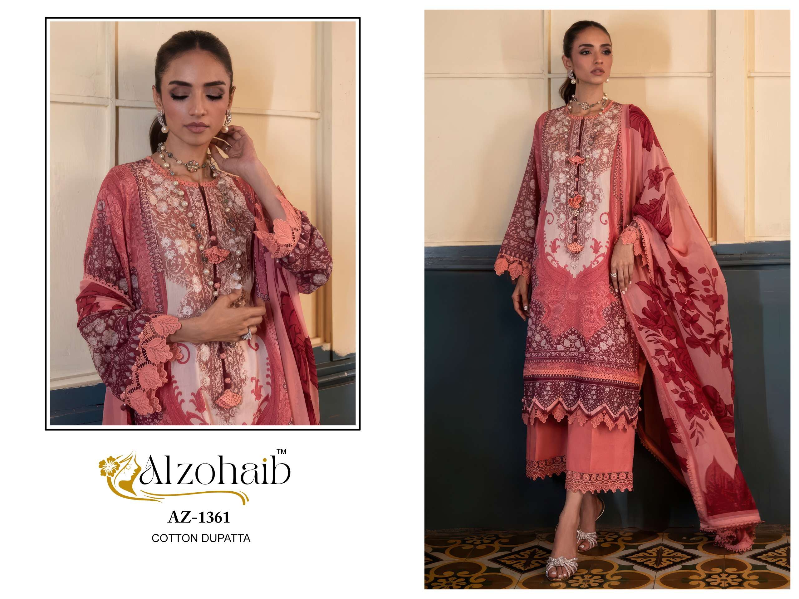 AL ZOHAIB D NO 1361 COTTON HEAVY PATCH EMBROIDERY WORK SALWAR KAMEEZ 