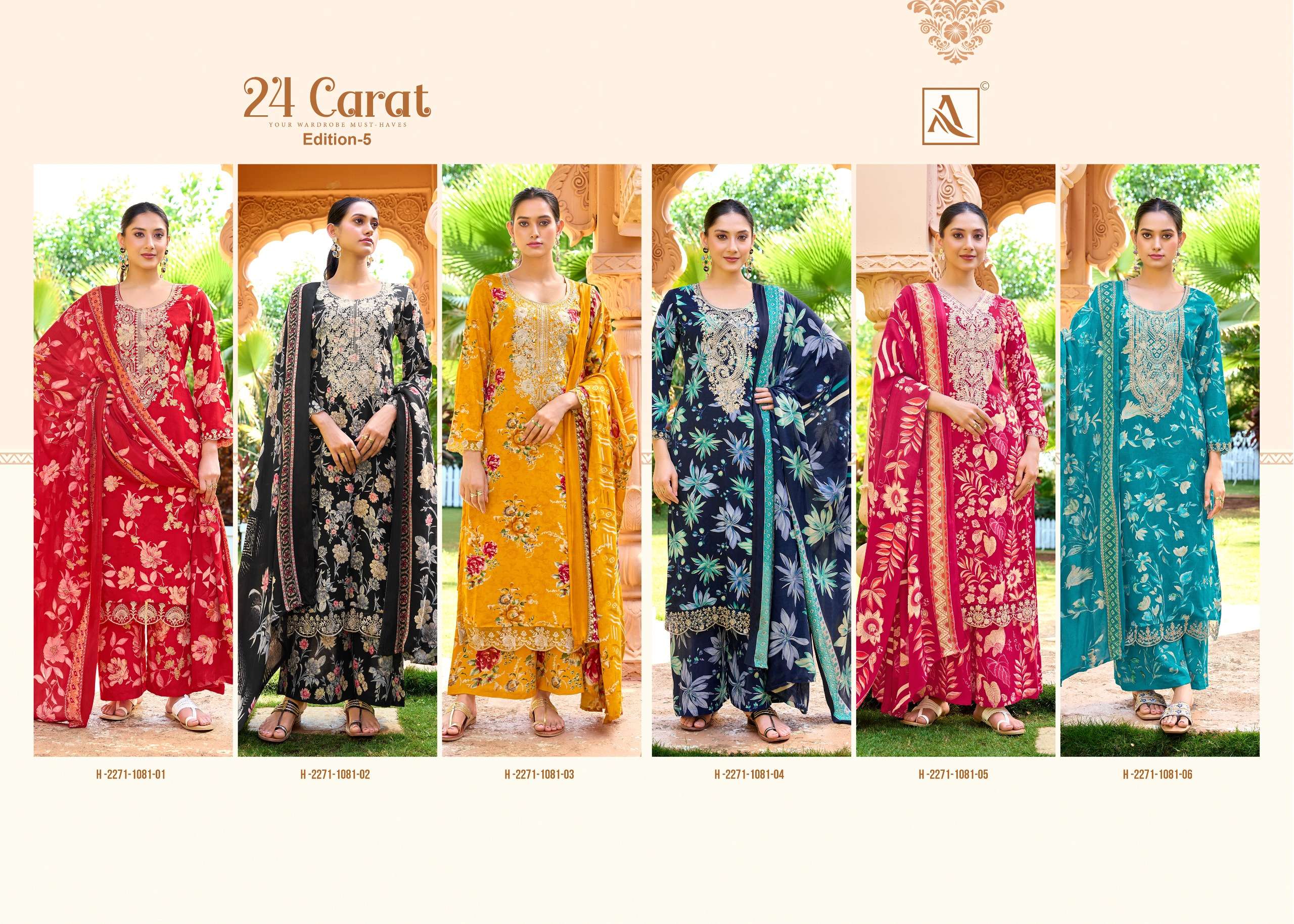 ALOK SUITS 24 CARAT VOL 5 RAYON FANCY EMBROIDERIES WORK SUIT	