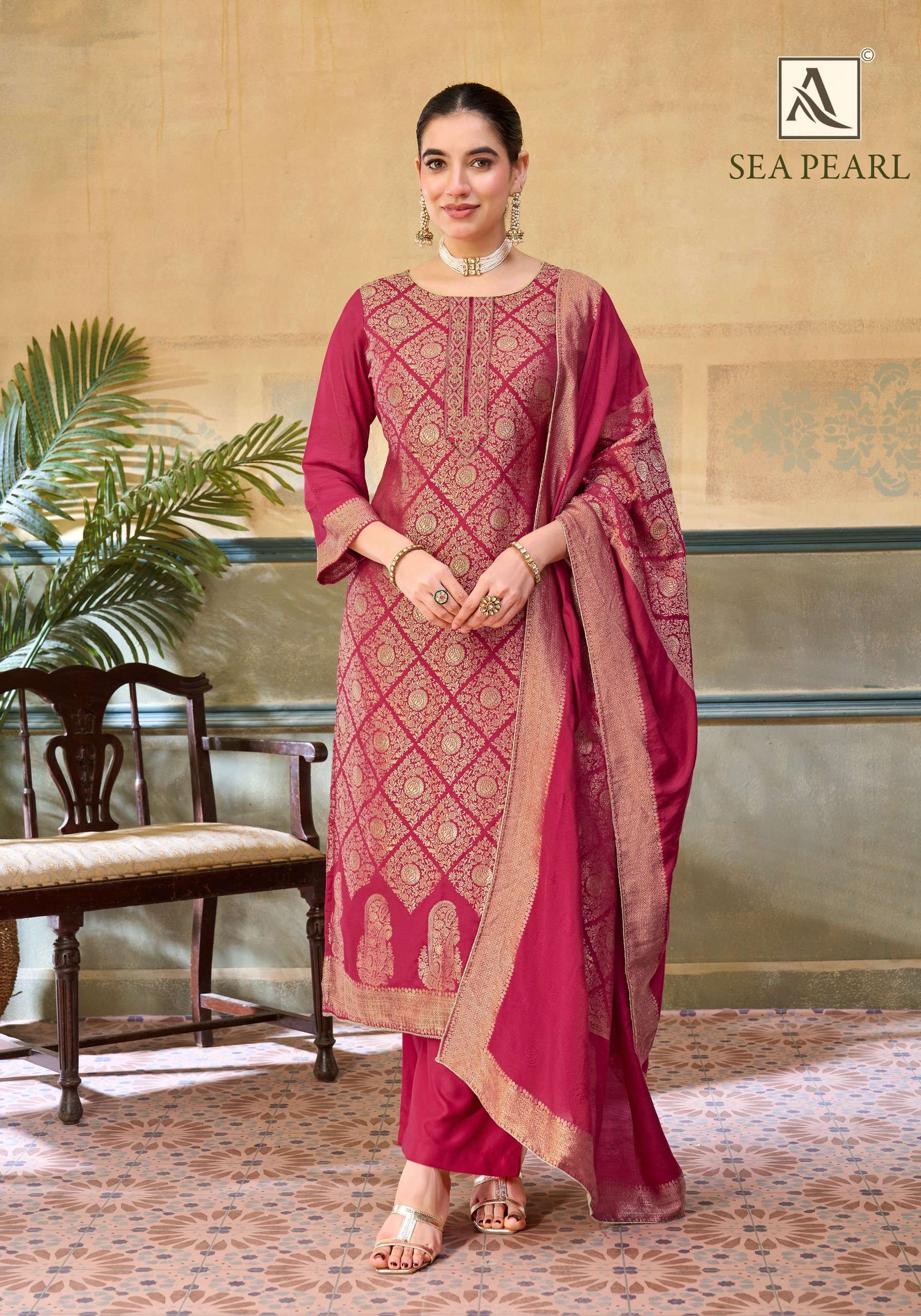 ALOK SUITS SEA PEARL MUSLIN JACQUARD DESIGNER WORK SUIT