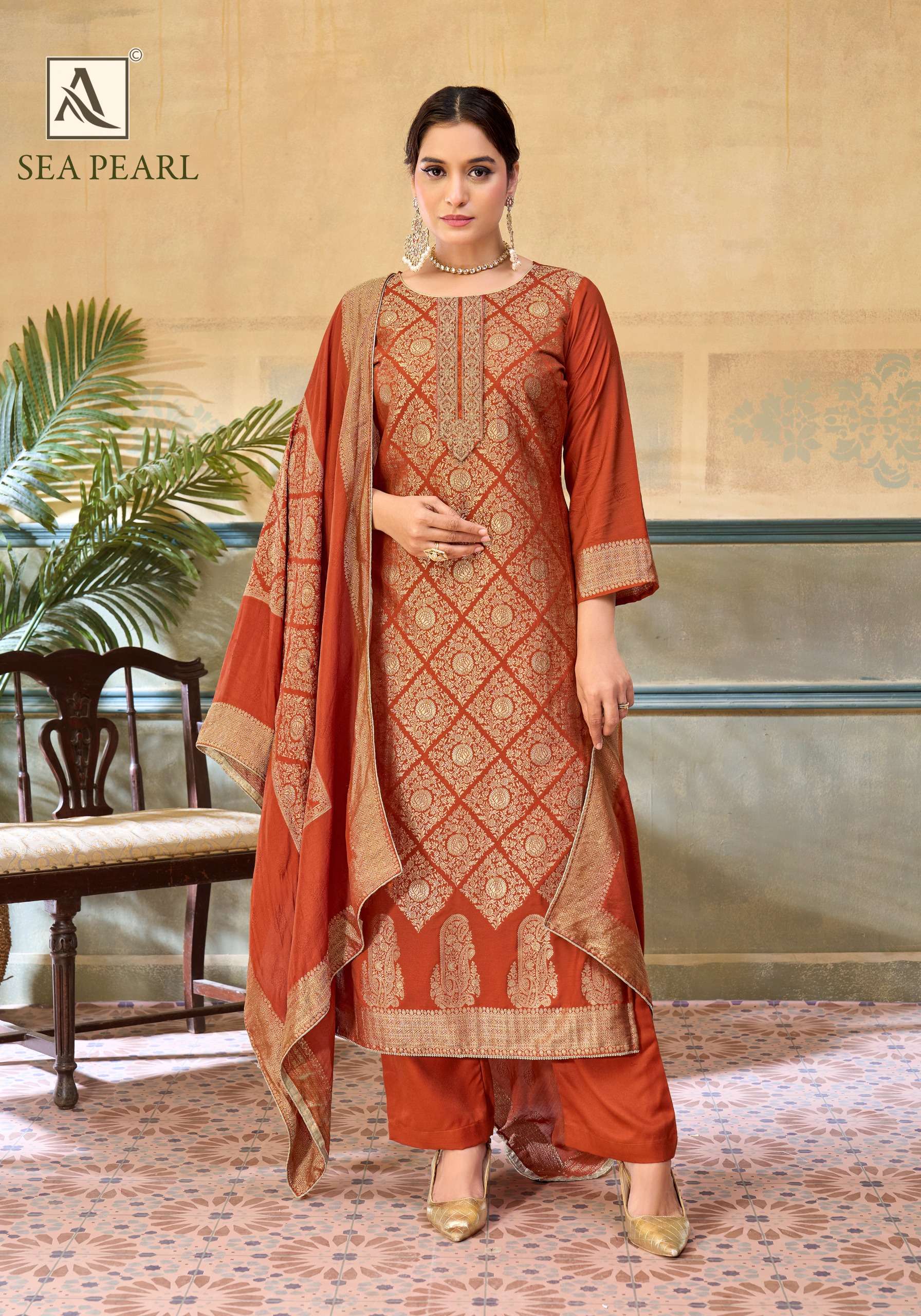 ALOK SUITS SEA PEARL MUSLIN JACQUARD DESIGNER WORK SUIT