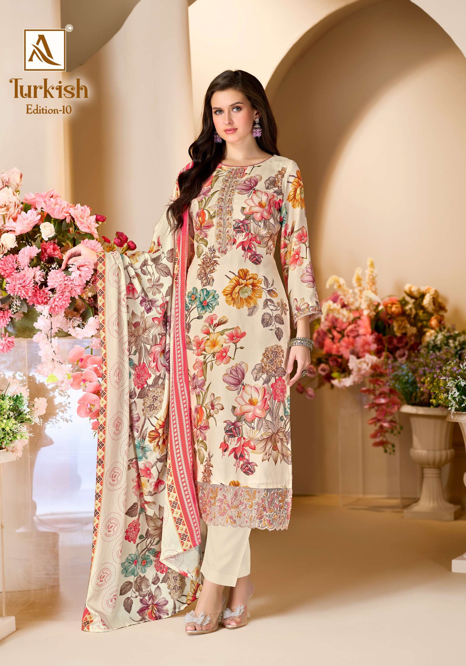 ALOK SUITS TURKISH EDITION 10 VISCOSE RAYON PRINT WITH FANCY WORK SUIT