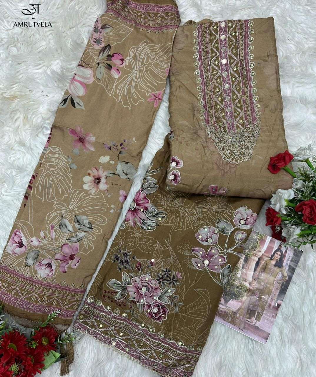 AMRUTVELA AT 209 VISCOSE DIGITAL PRINT WITH HAND WORK DESIGNER SUIT