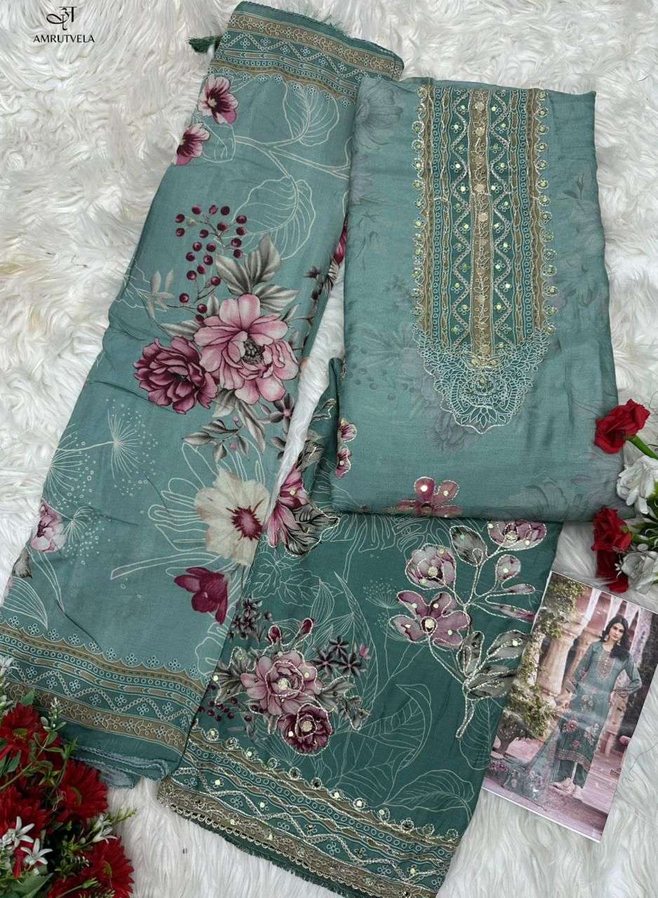 AMRUTVELA AT 209 VISCOSE DIGITAL PRINT WITH HAND WORK DESIGNER SUIT