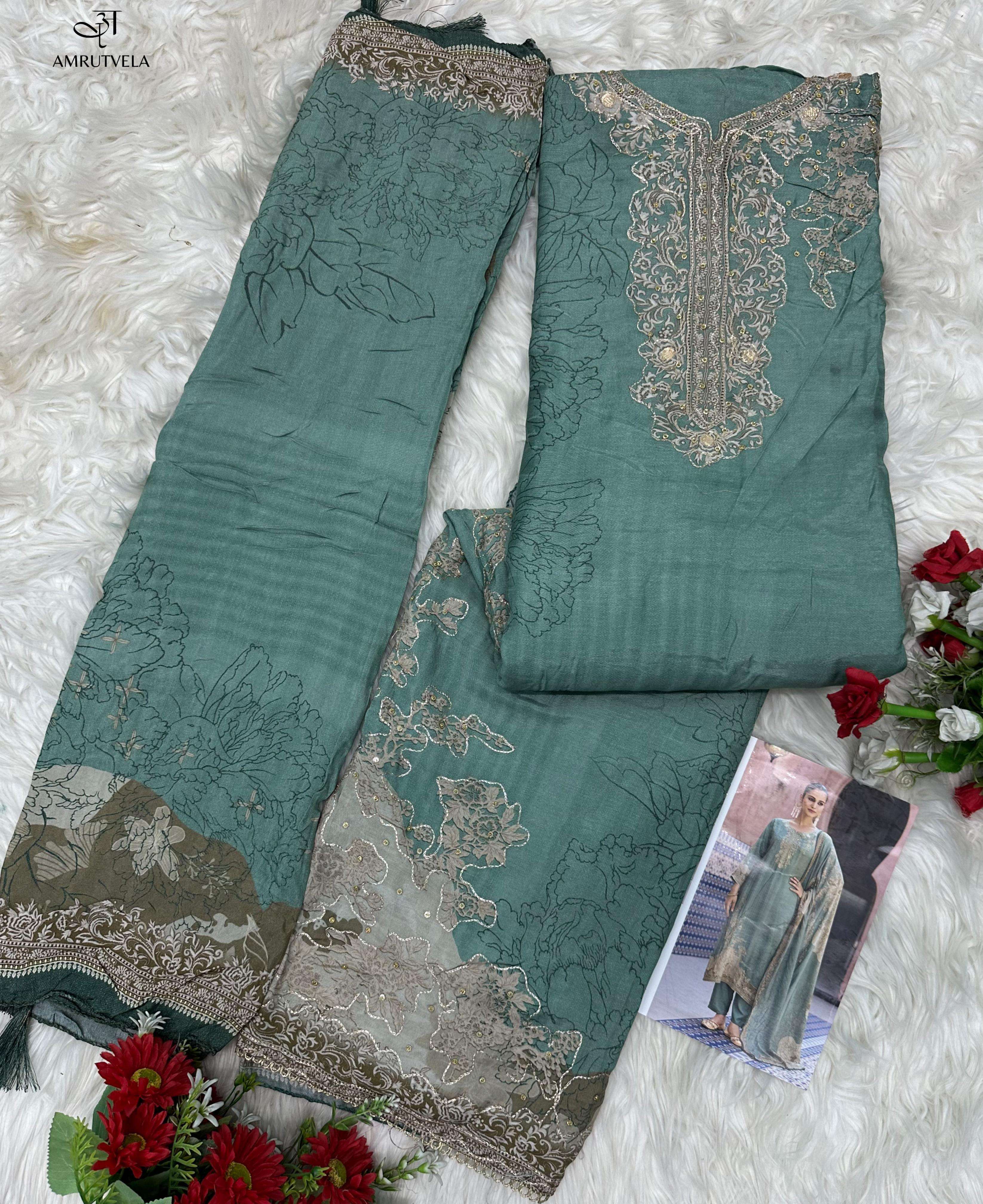 AMRUTVELA AT 210 VISCOSE DIGITAL PRINT WITH HAND WORK DESIGNER SUIT