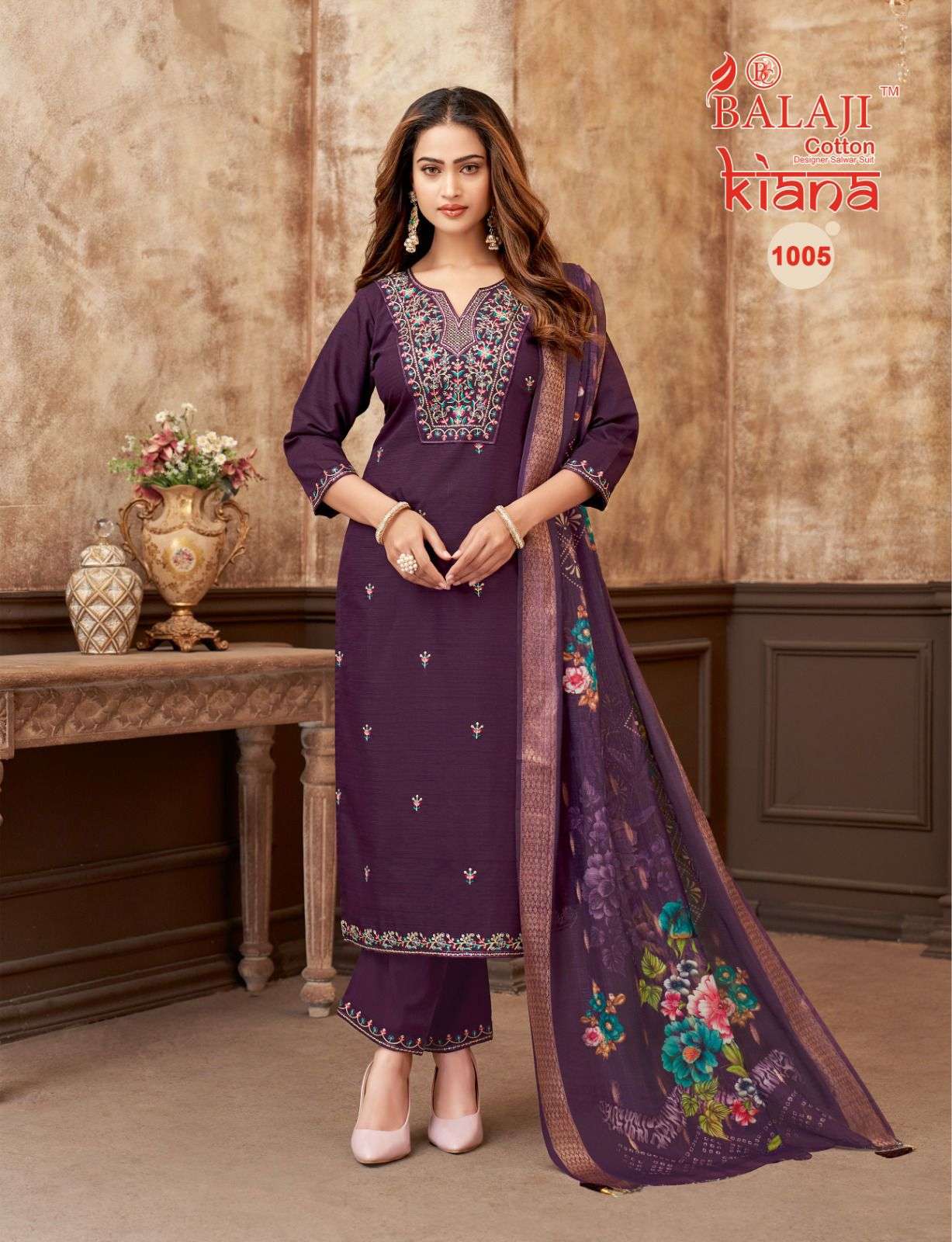 BALAJI COTTON KIANA SILK EMBROIDERY DESIGNER WORK LADIES 3PCS SET COLLECTION 