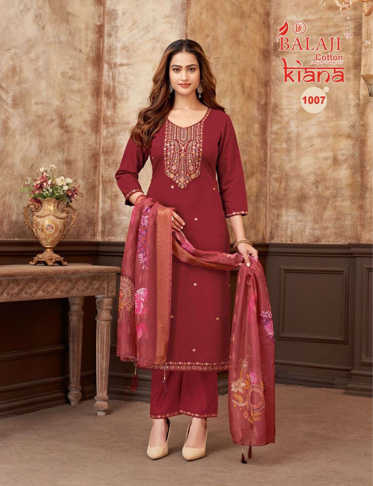 BALAJI COTTON KIANA SILK EMBROIDERY DESIGNER WORK LADIES 3PCS SET COLLECTION 