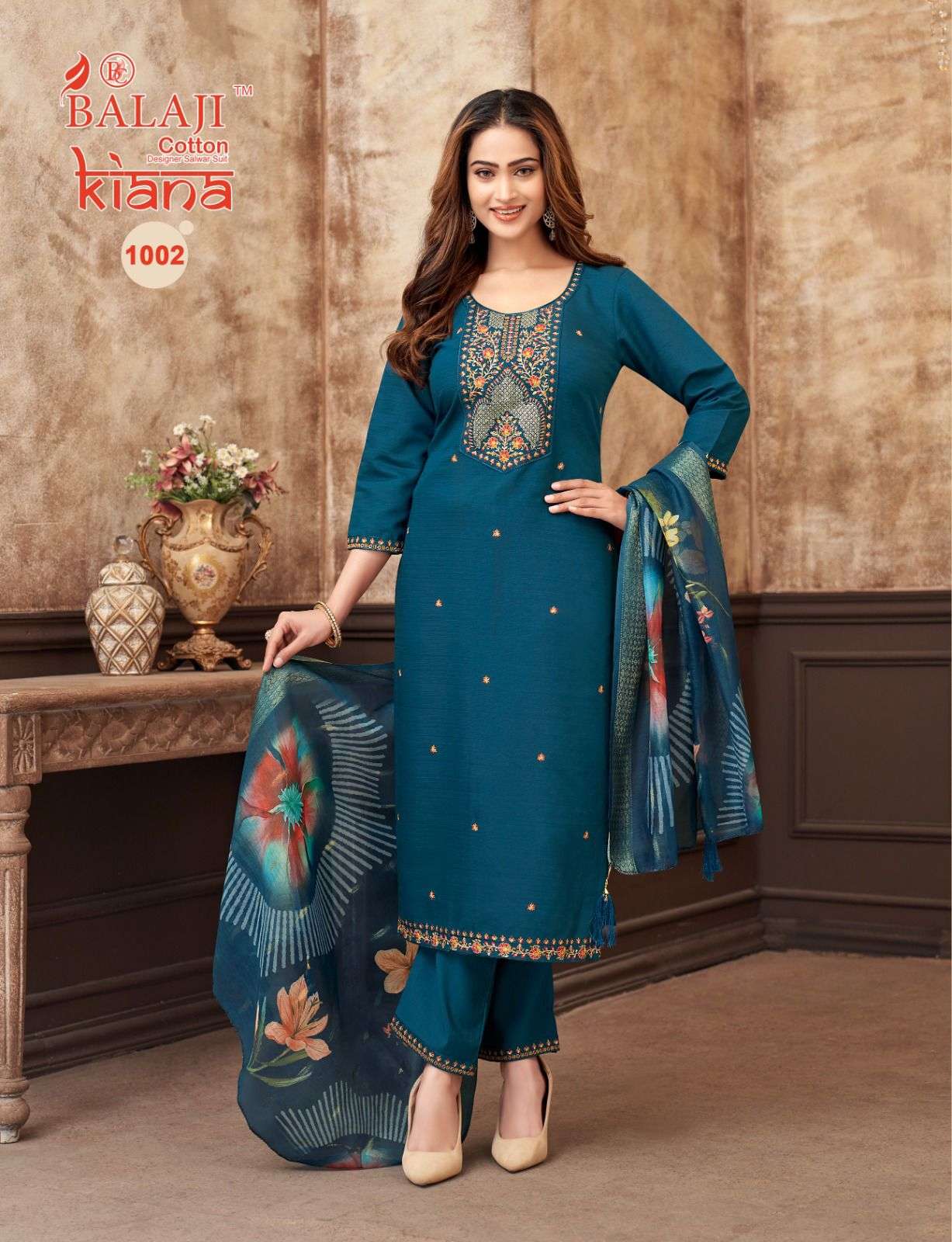 BALAJI COTTON KIANA SILK EMBROIDERY DESIGNER WORK LADIES 3PCS SET COLLECTION 