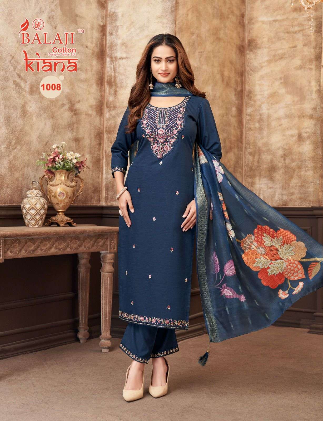 BALAJI COTTON KIANA SILK EMBROIDERY DESIGNER WORK LADIES 3PCS SET COLLECTION 