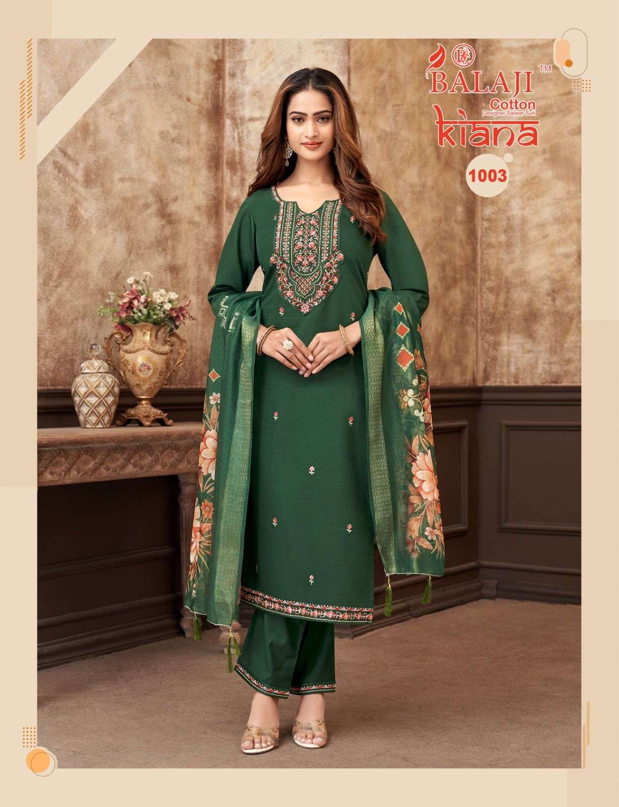 BALAJI COTTON KIANA SILK EMBROIDERY DESIGNER WORK LADIES 3PCS SET COLLECTION 