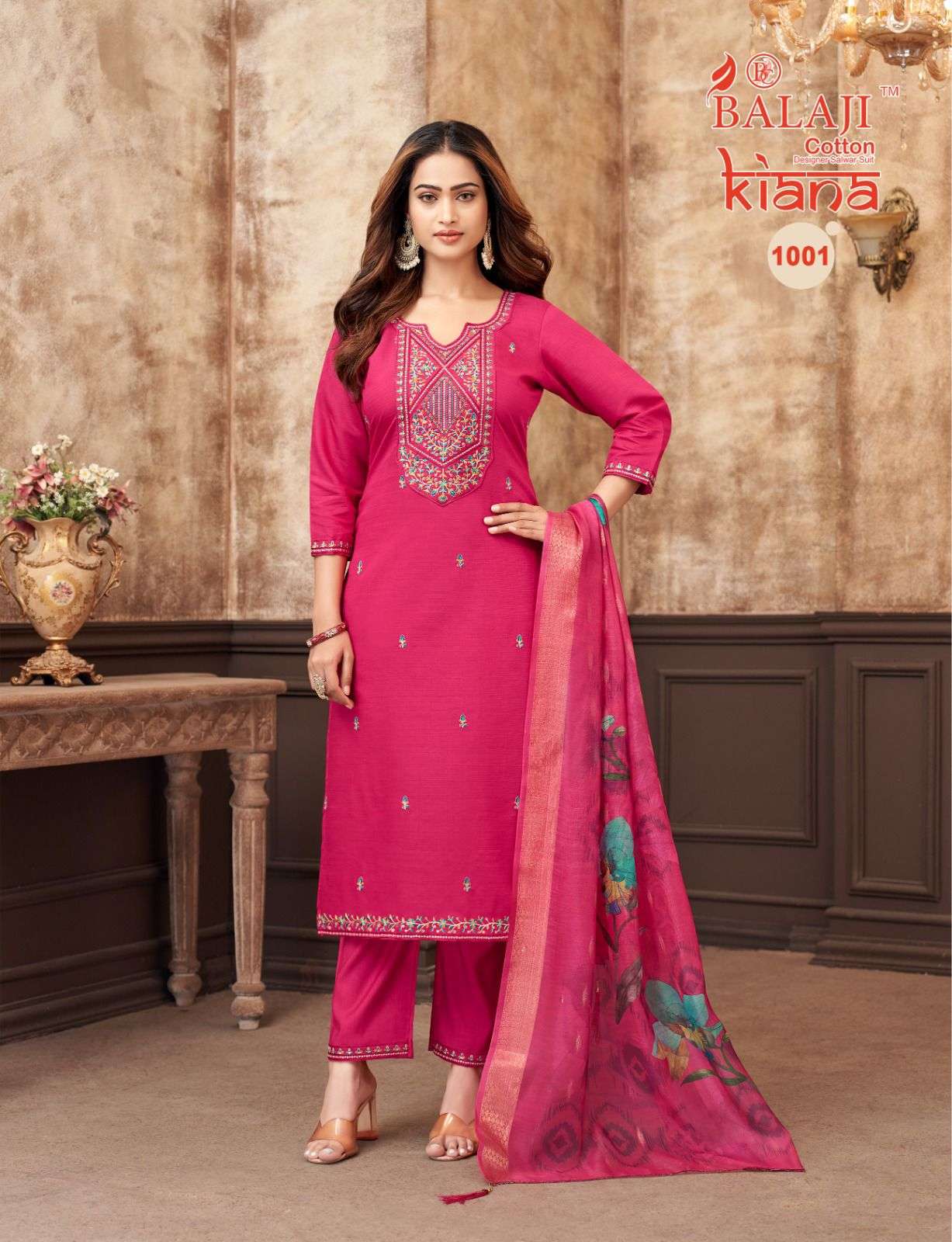BALAJI COTTON KIANA SILK EMBROIDERY DESIGNER WORK LADIES 3PCS SET COLLECTION 