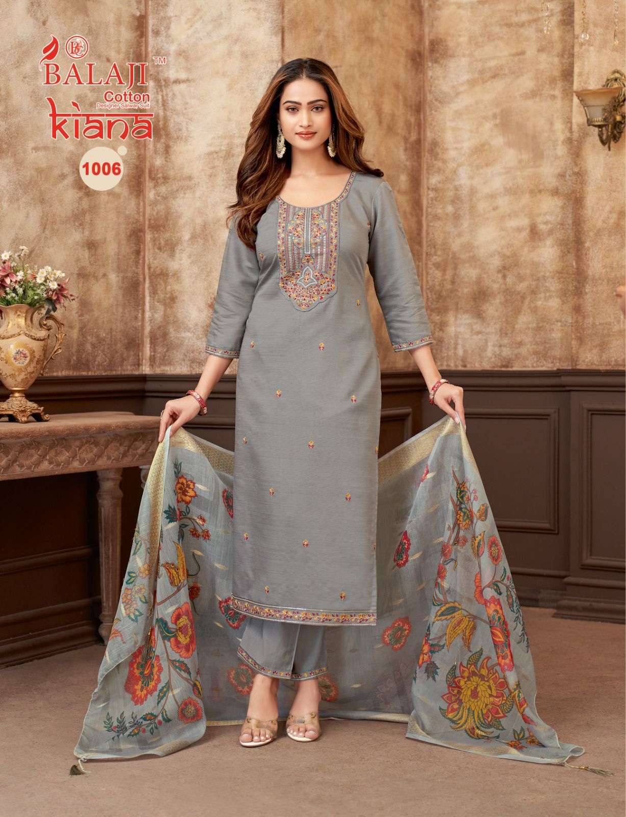 BALAJI COTTON KIANA SILK EMBROIDERY DESIGNER WORK LADIES 3PCS SET COLLECTION 