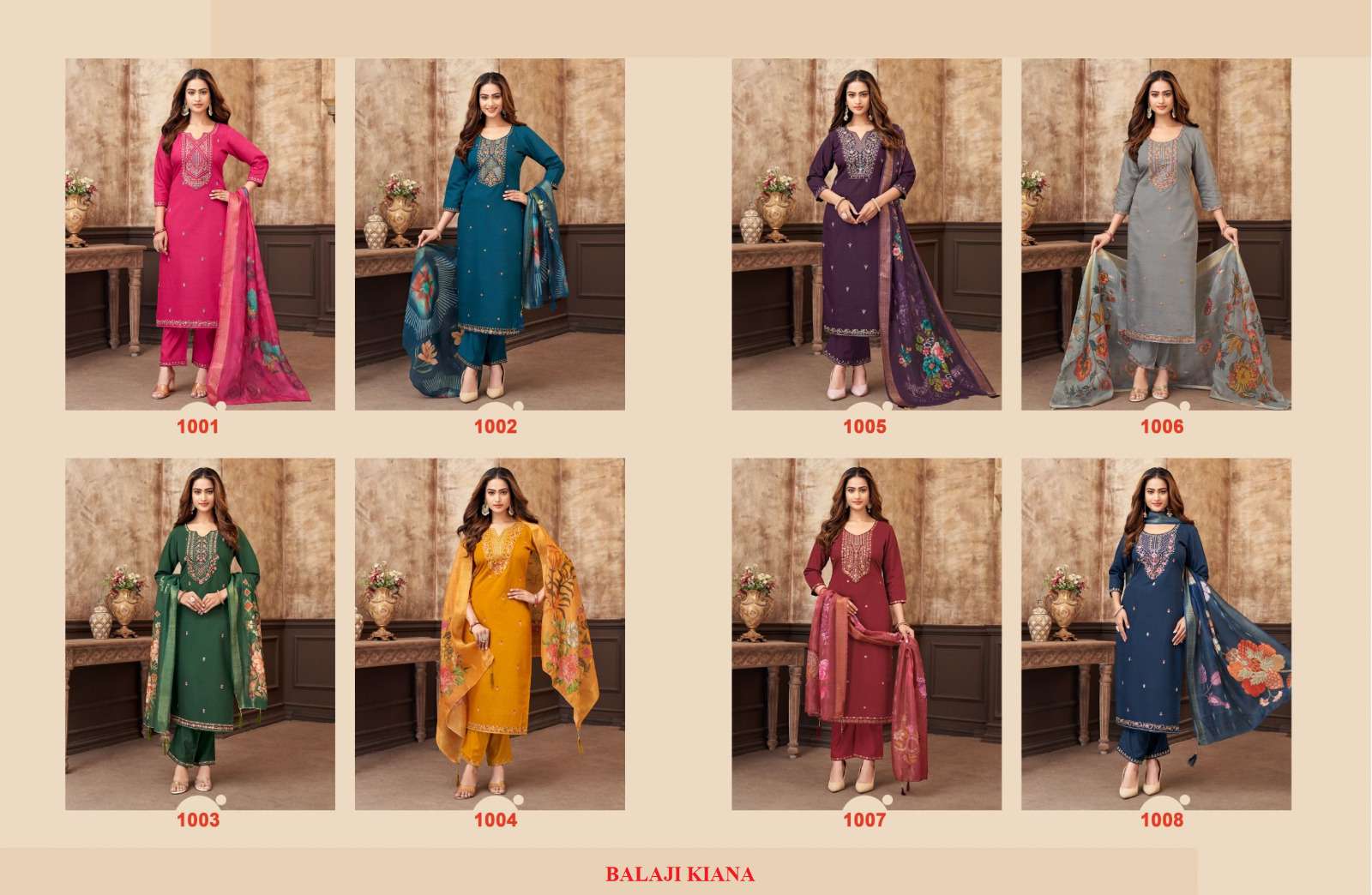 BALAJI COTTON KIANA SILK EMBROIDERY DESIGNER WORK LADIES 3PCS SET COLLECTION 