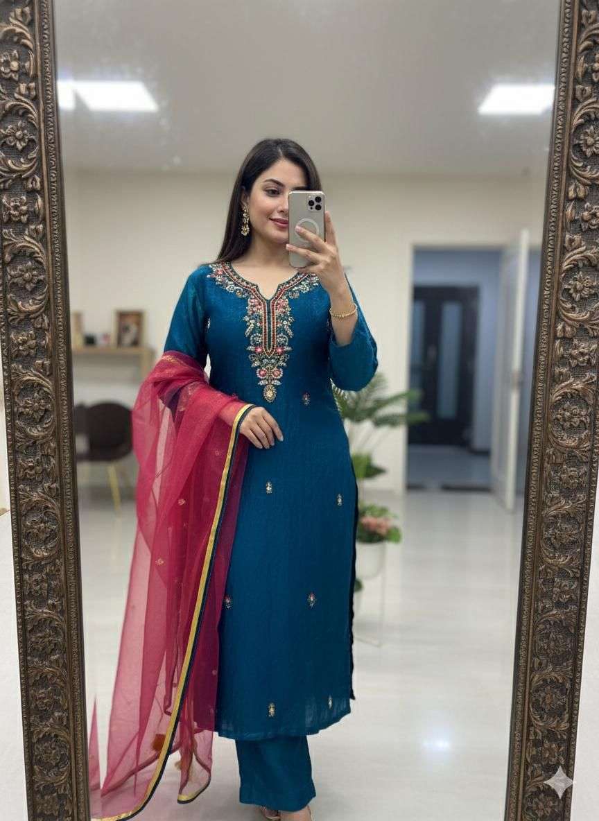 BE 301 SILK FANCY HAND WORKS LADIES KURTI PANT WITH DUPATTA SET 