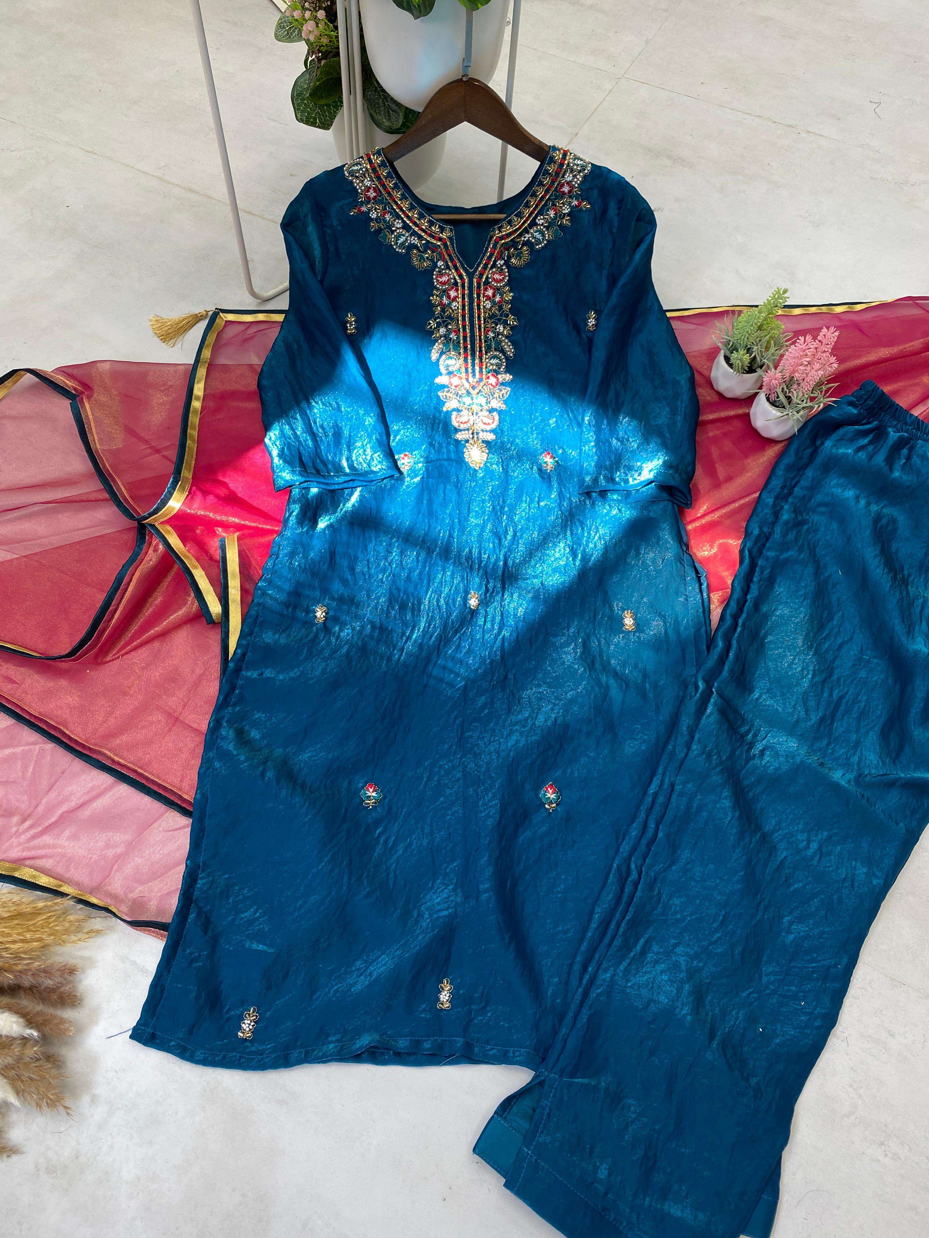 BE 301 SILK FANCY HAND WORKS LADIES KURTI PANT WITH DUPATTA SET 