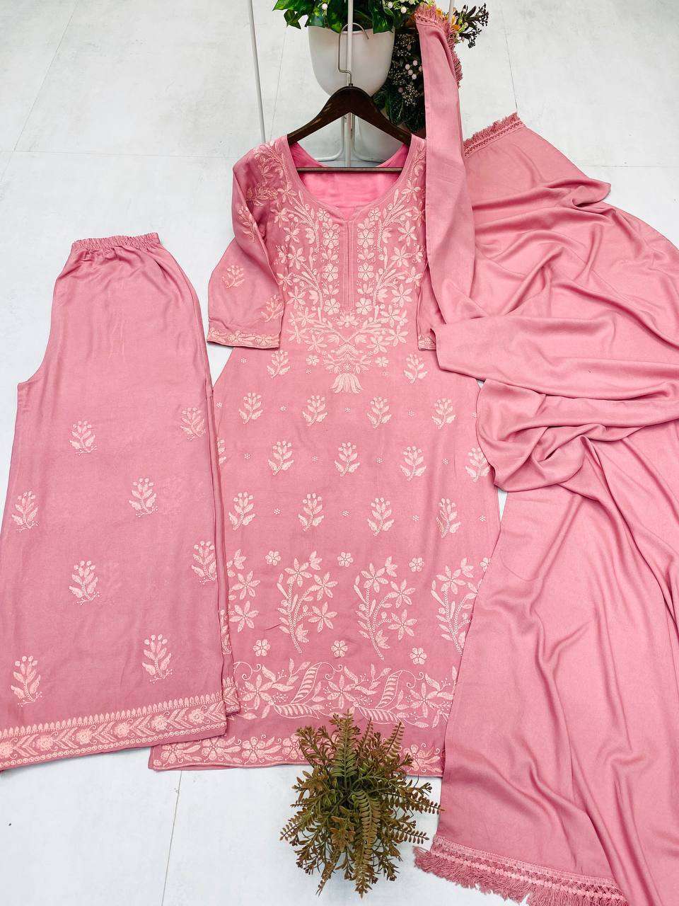 BE 368 FANCY LUCKNOWI WORKS LADIES  KURTI WITH PLAZZO AND DUPATTA SET 