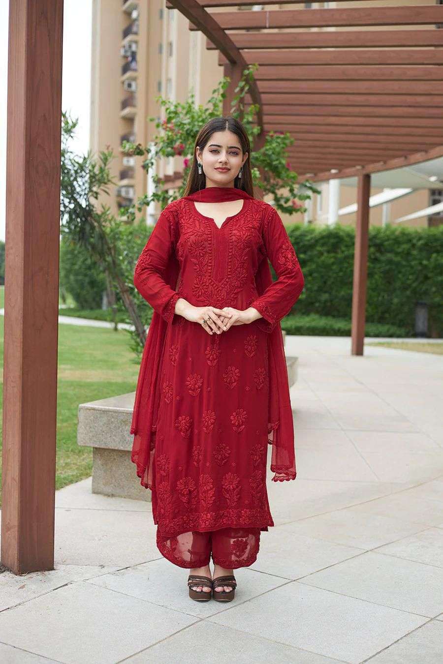 BE 394 GEORGETTE WITH PREETY LUCKNOWI STYLE DESIGNER WORK LADIES 3PCS SET 