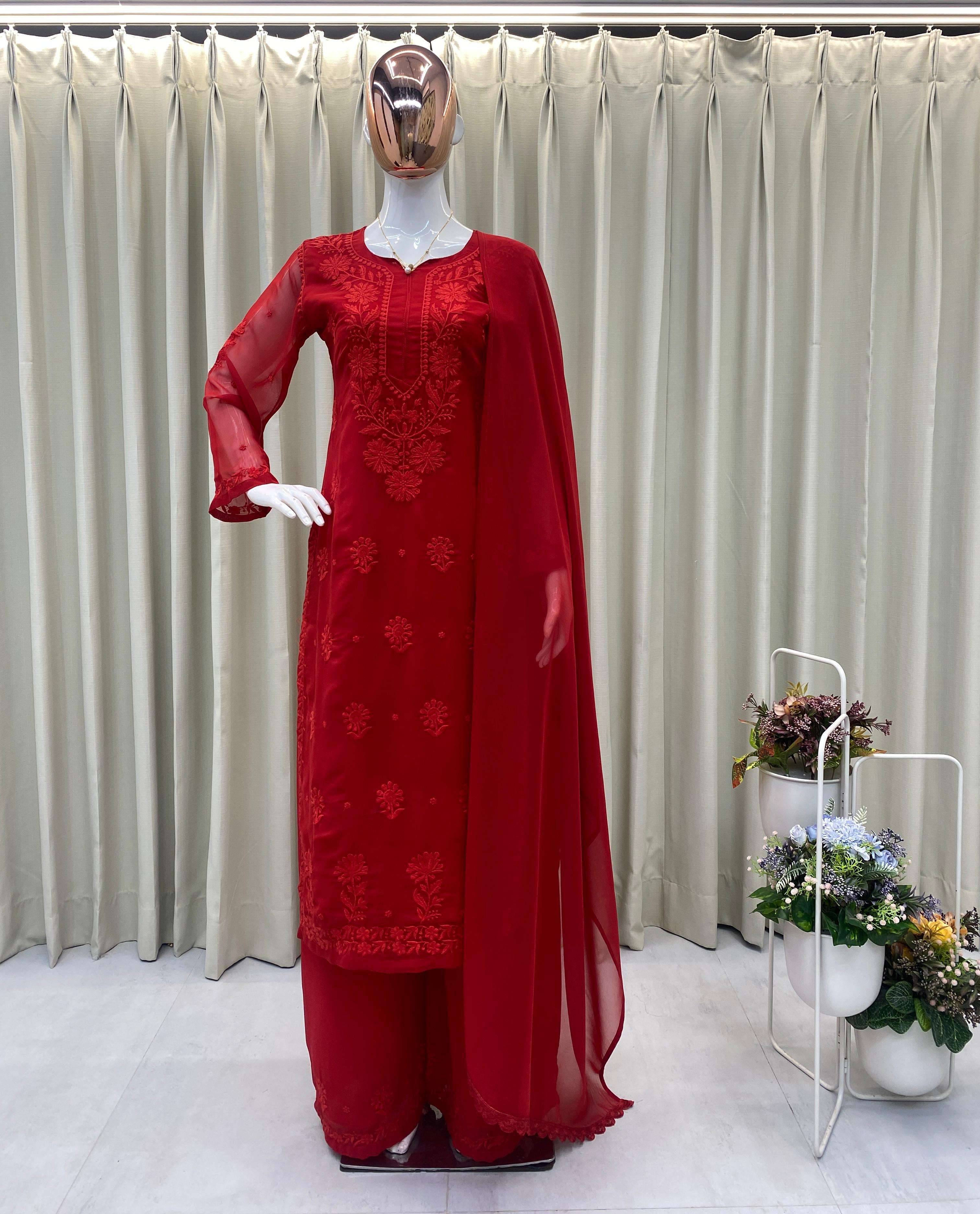 BE 394 GEORGETTE WITH PREETY LUCKNOWI STYLE DESIGNER WORK LADIES 3PCS SET 